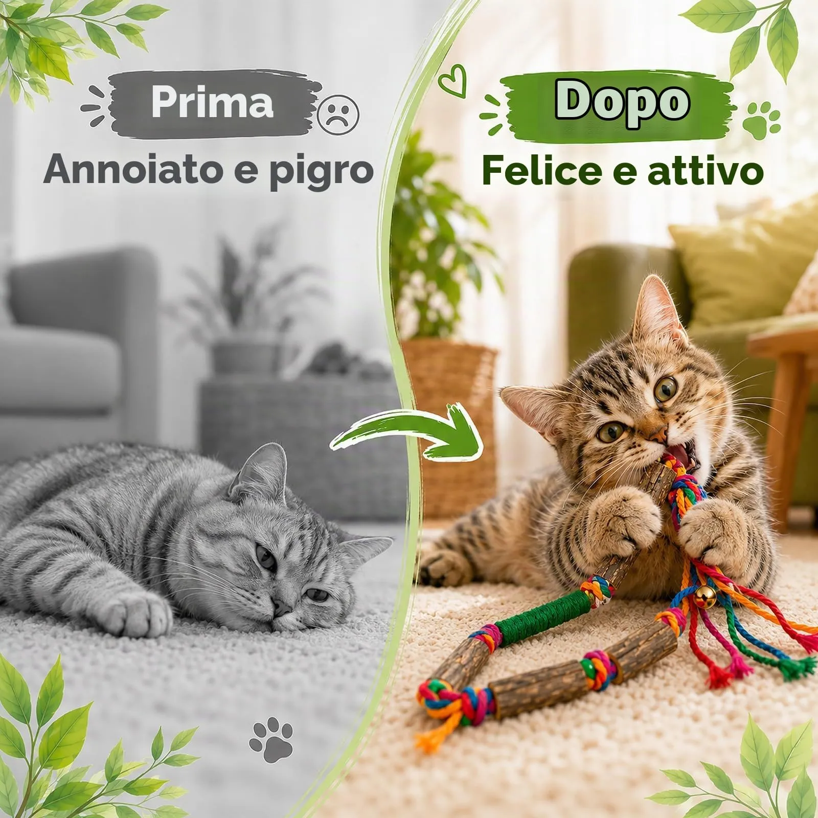 soodyoow Giochi Interattivi per Gatti, Set da 9 Pezzi con Corde di Cotone e Bastoncini di Legno di Actinidia - immagine 4