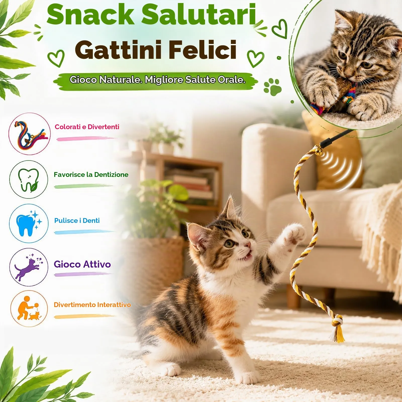 soodyoow Giochi Interattivi per Gatti, Set da 9 Pezzi con Corde di Cotone e Bastoncini di Legno di Actinidia - immagine 5