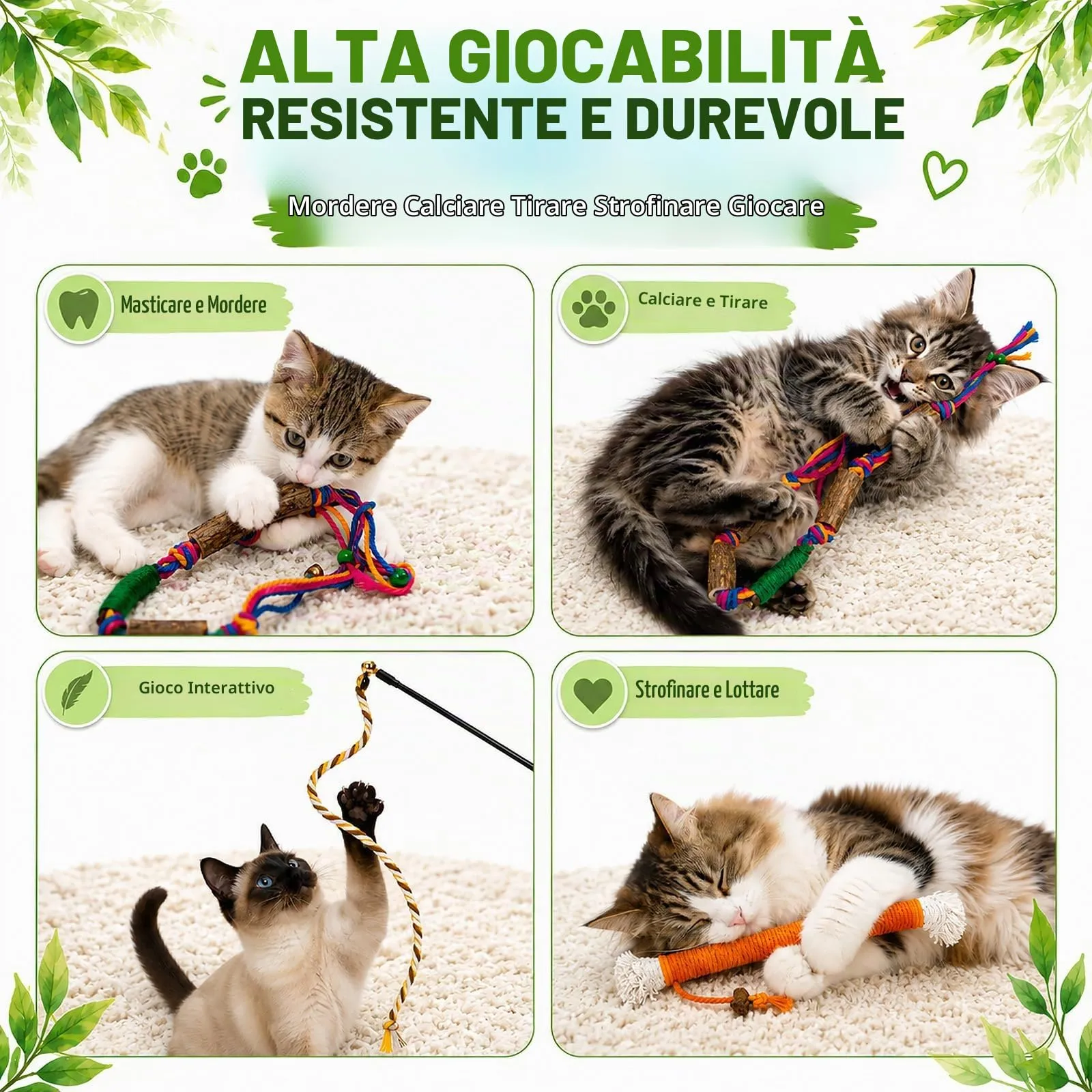soodyoow Giochi Interattivi per Gatti, Set da 9 Pezzi con Corde di Cotone e Bastoncini di Legno di Actinidia - immagine 6
