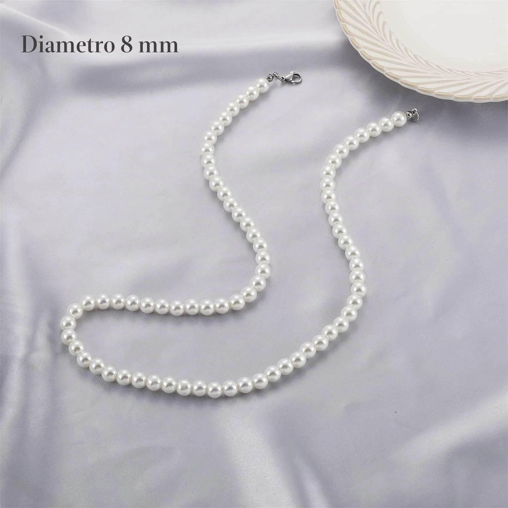 AFSTALR Collana di Perle Bianche da Uomo e Donna, 6 mm, 40 cm - immagine 6