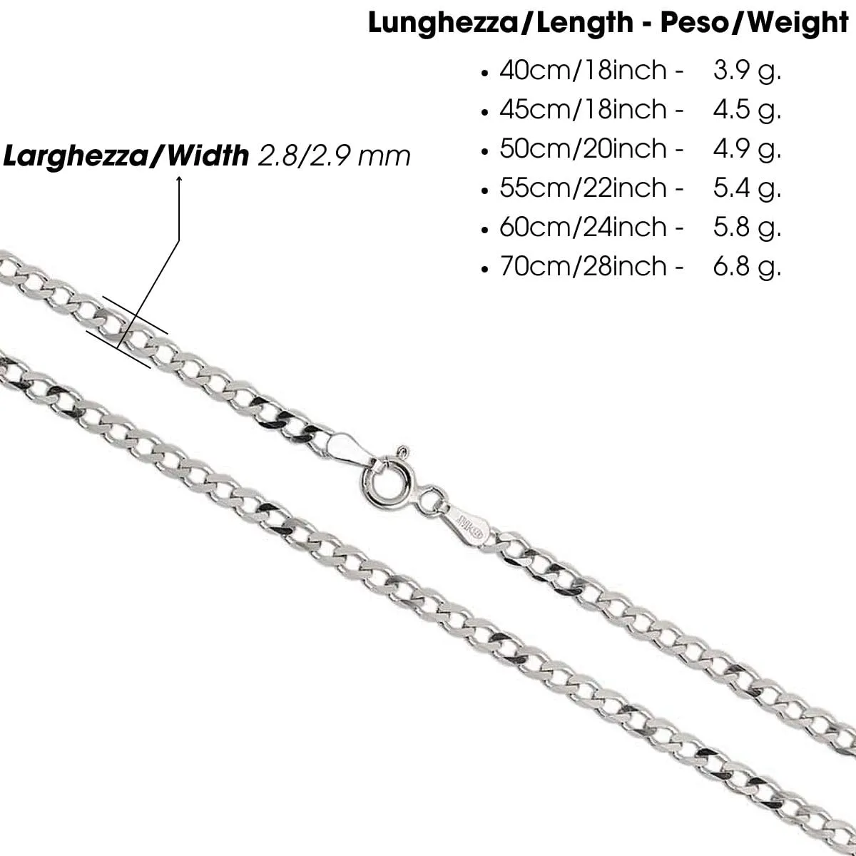 Aka Gioielli Collana in Argento Sterling 925 Rodiato Maglia Grumetta Cubana 3 mm, 60 cm - immagine 2