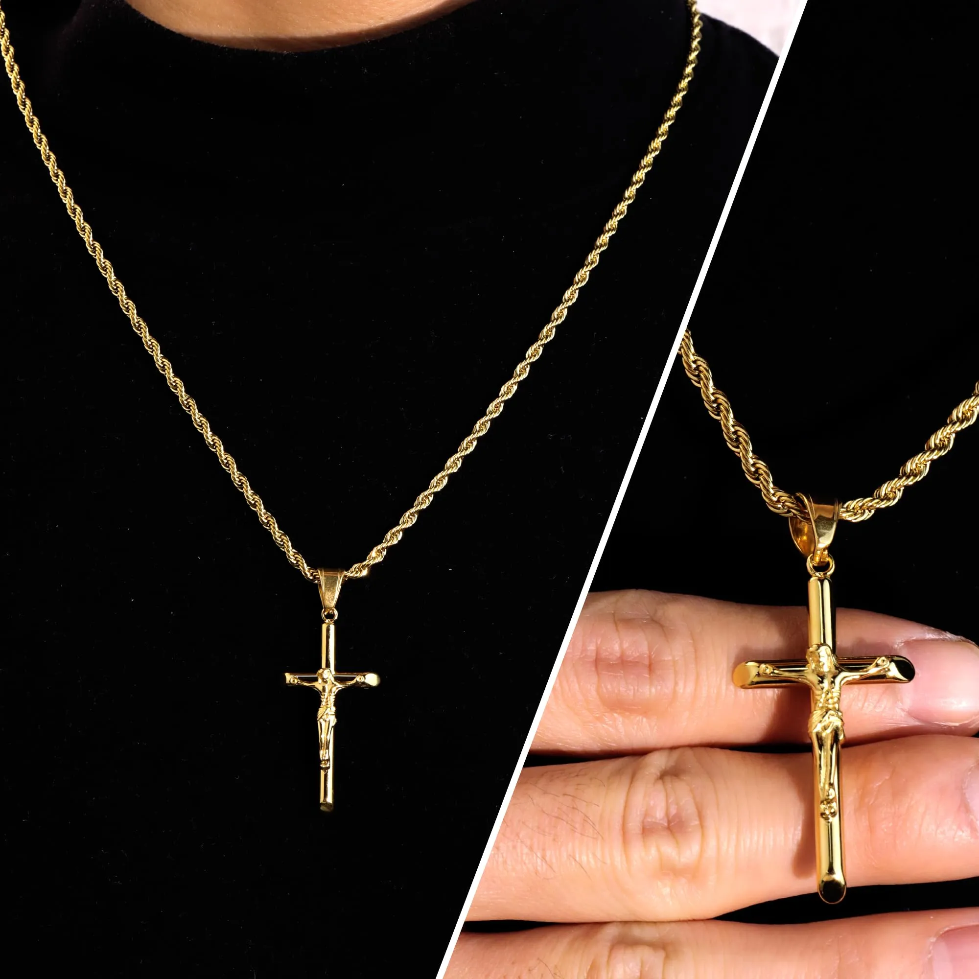ALEXCRAFT Collana Uomo in Acciaio Inossidabile Placcato Oro 14K con Ciondolo Croce e Catena a Treccia - immagine 2