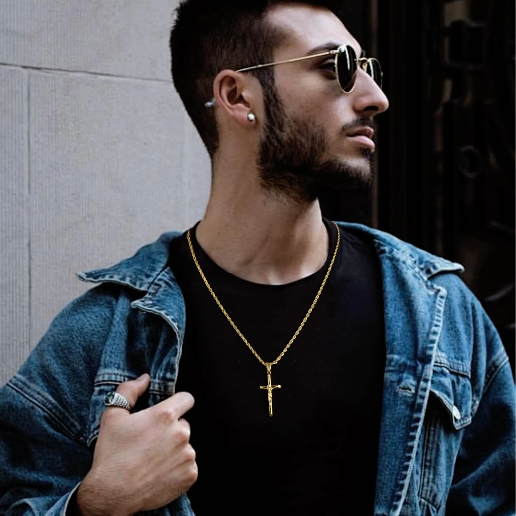 ALEXCRAFT Collana Uomo in Acciaio Inossidabile Placcato Oro 14K con Ciondolo Croce e Catena a Treccia - immagine 3