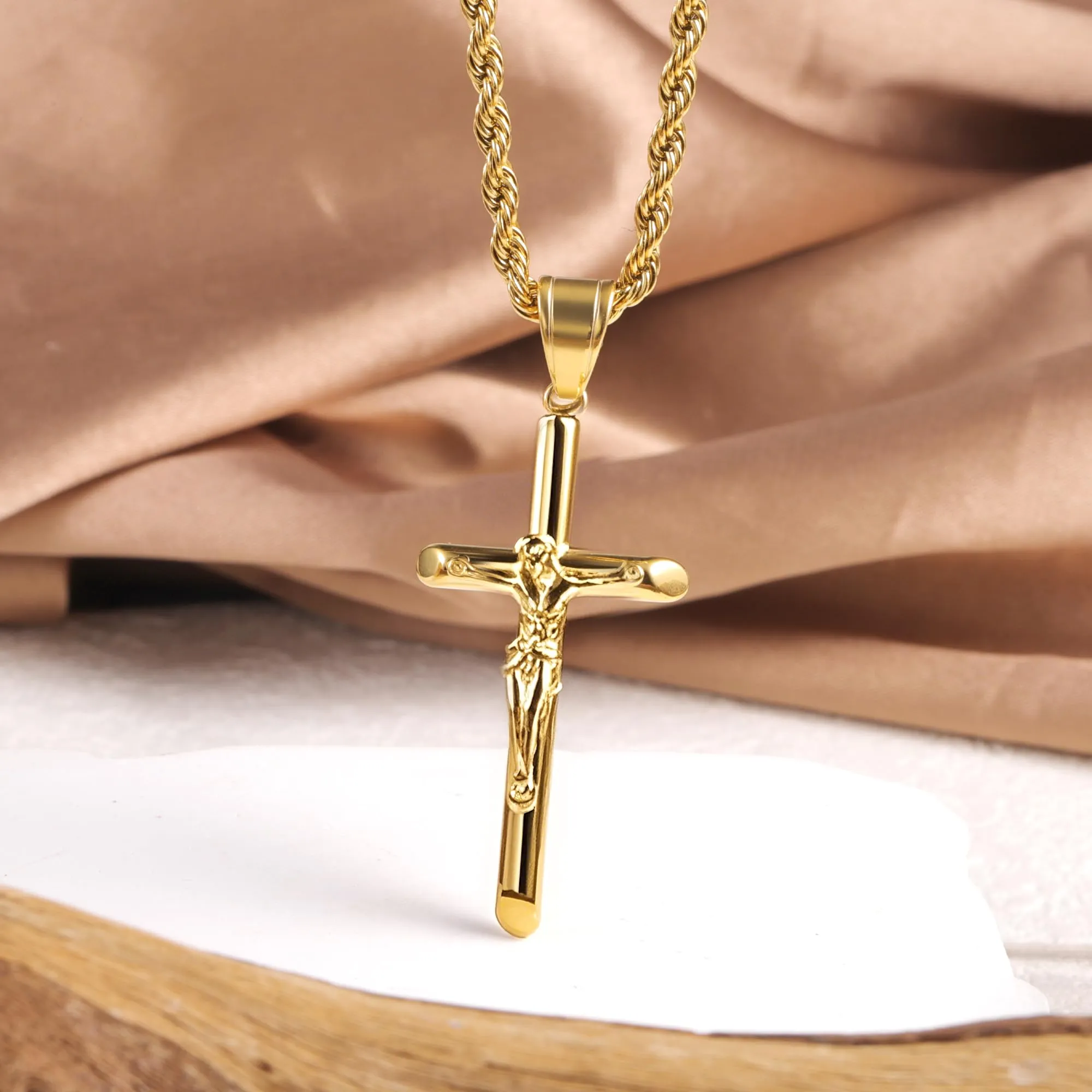 ALEXCRAFT Collana Uomo in Acciaio Inossidabile Placcato Oro 14K con Ciondolo Croce e Catena a Treccia - immagine 5