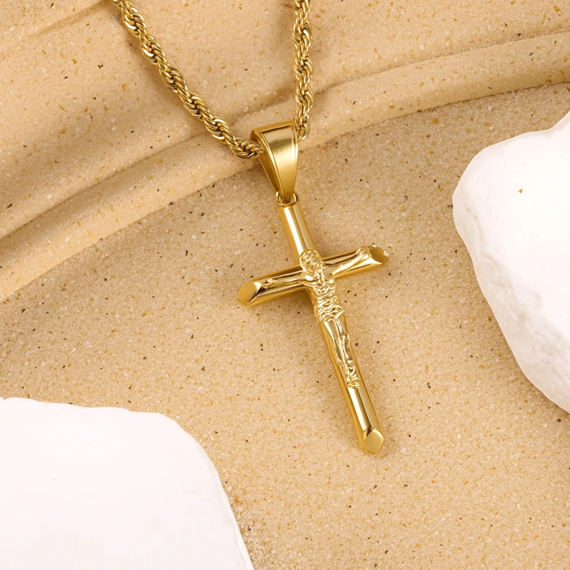 ALEXCRAFT Collana Uomo in Acciaio Inossidabile Placcato Oro 14K con Ciondolo Croce e Catena a Treccia - immagine 6