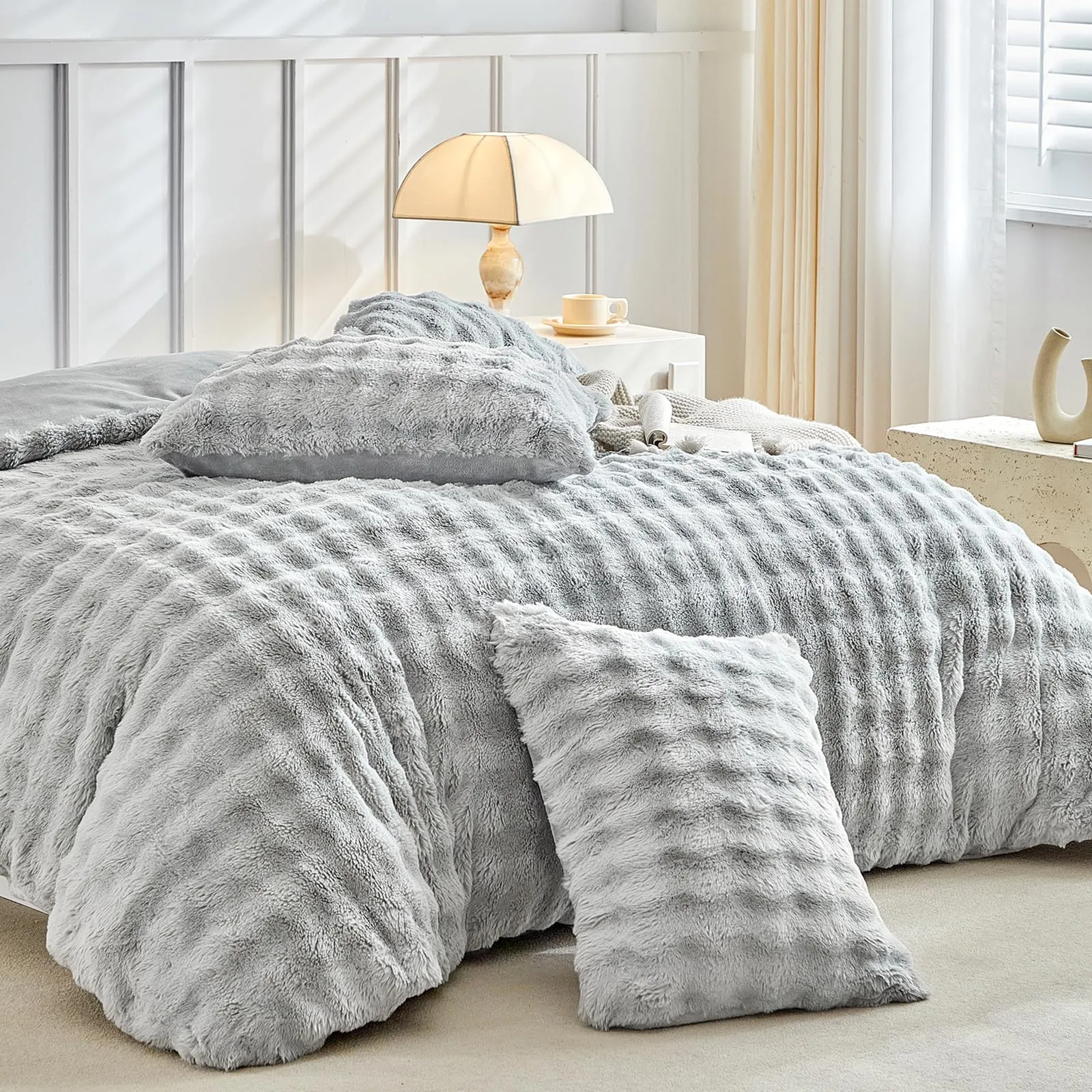 Tokokimo Set Copripiumino Matrimoniale in Flanella 3 Pezzi, 260x240cm, Grigio - immagine 8