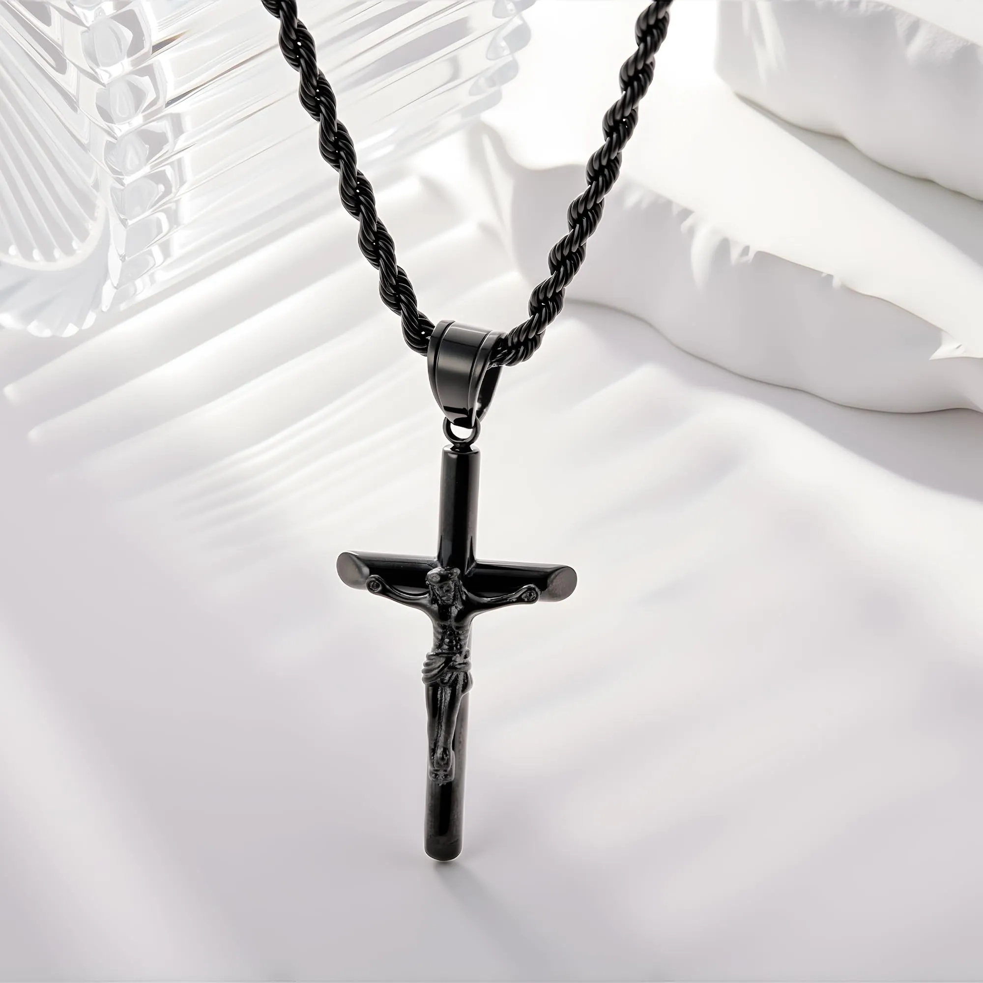 ALEXCRAFT Collana Uomo in Acciaio Inossidabile Nera con Ciondolo Croce e Catena a Treccia N2021 - immagine 5