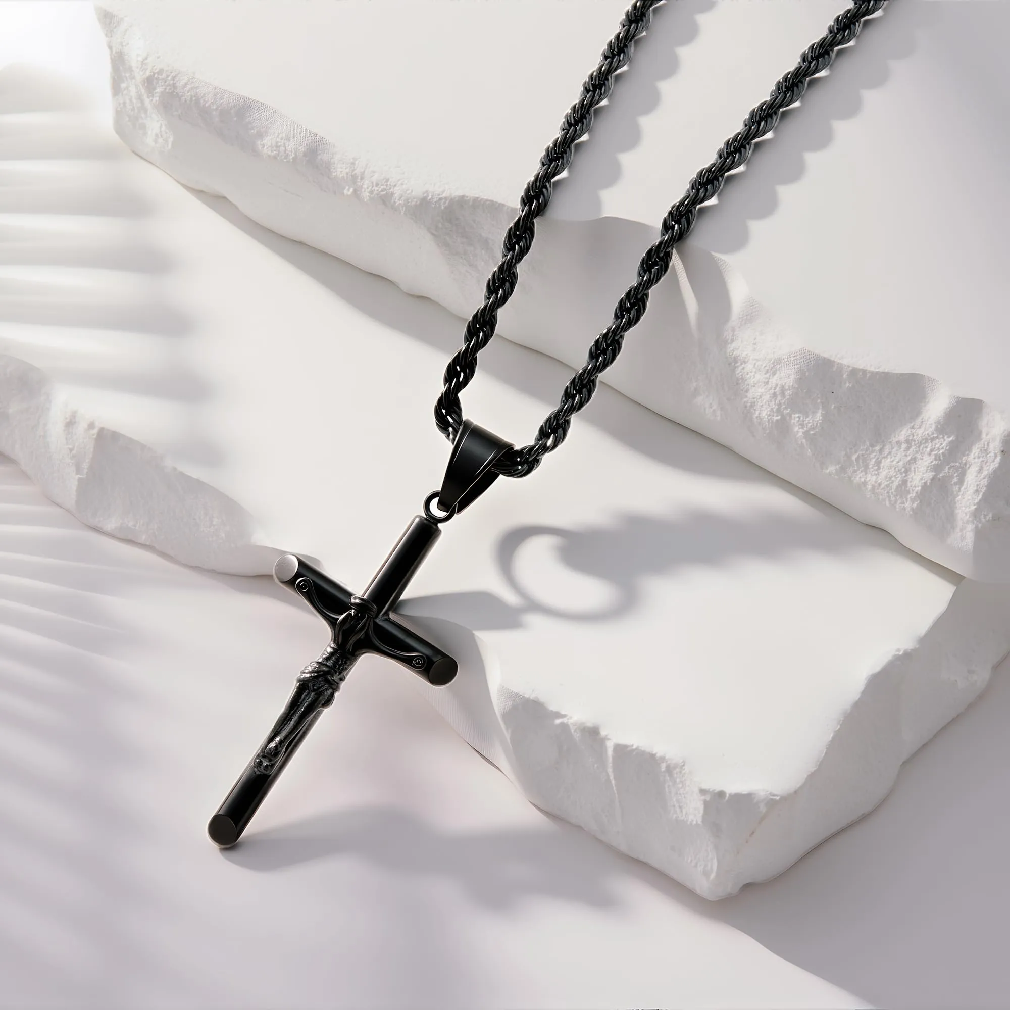 ALEXCRAFT Collana Uomo in Acciaio Inossidabile Nera con Ciondolo Croce e Catena a Treccia N2021 - immagine 6