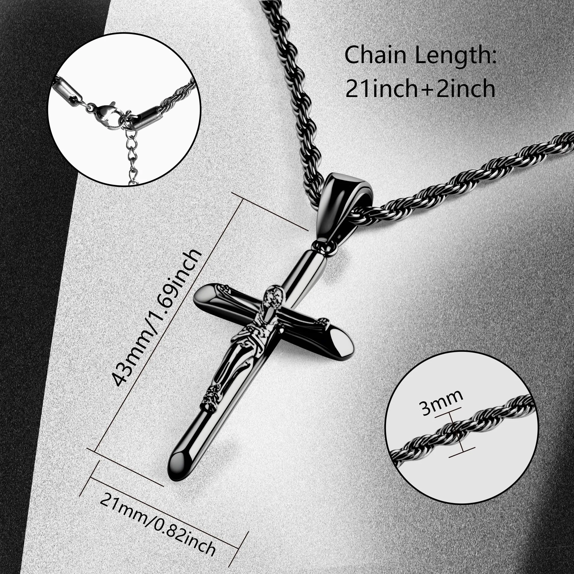 ALEXCRAFT Collana Uomo in Acciaio Inossidabile Nera con Ciondolo Croce e Catena a Treccia N2021 - immagine 7