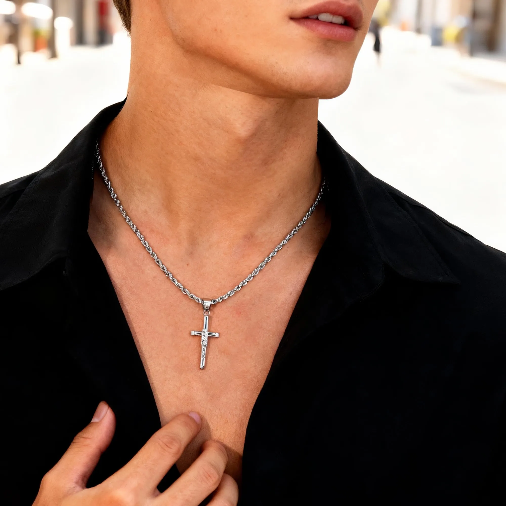 ALEXCRAFT Collana Argento Uomo Ciondolo Croce Crocifisso Catena a Treccia N2038 - immagine 4