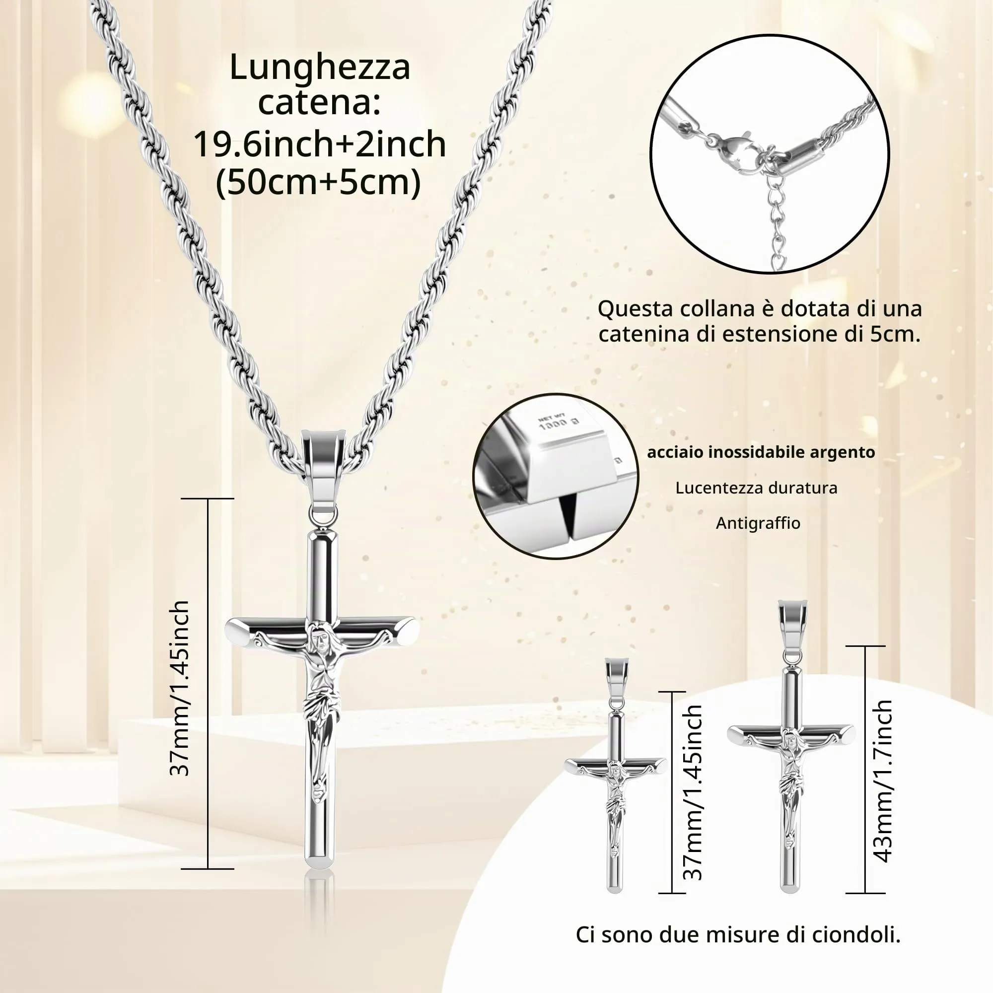 ALEXCRAFT Collana Argento Uomo Ciondolo Croce Crocifisso Catena a Treccia N2038 - immagine 7