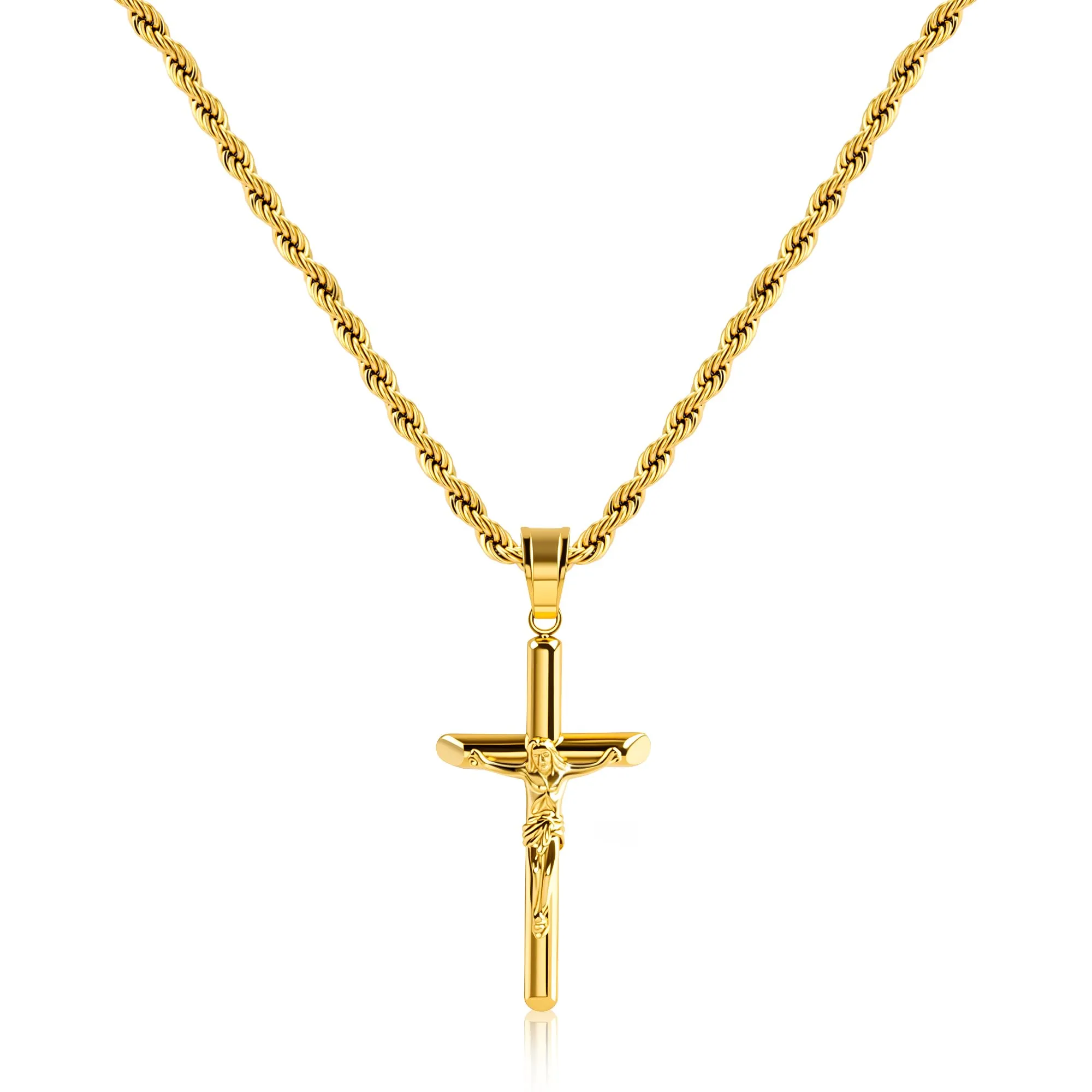 ALEXCRAFT Collana Uomo in Acciaio Placcato Oro 14k con Ciondolo Croce Crocifisso, Catena a Treccia, 50+5cm - immagine 1