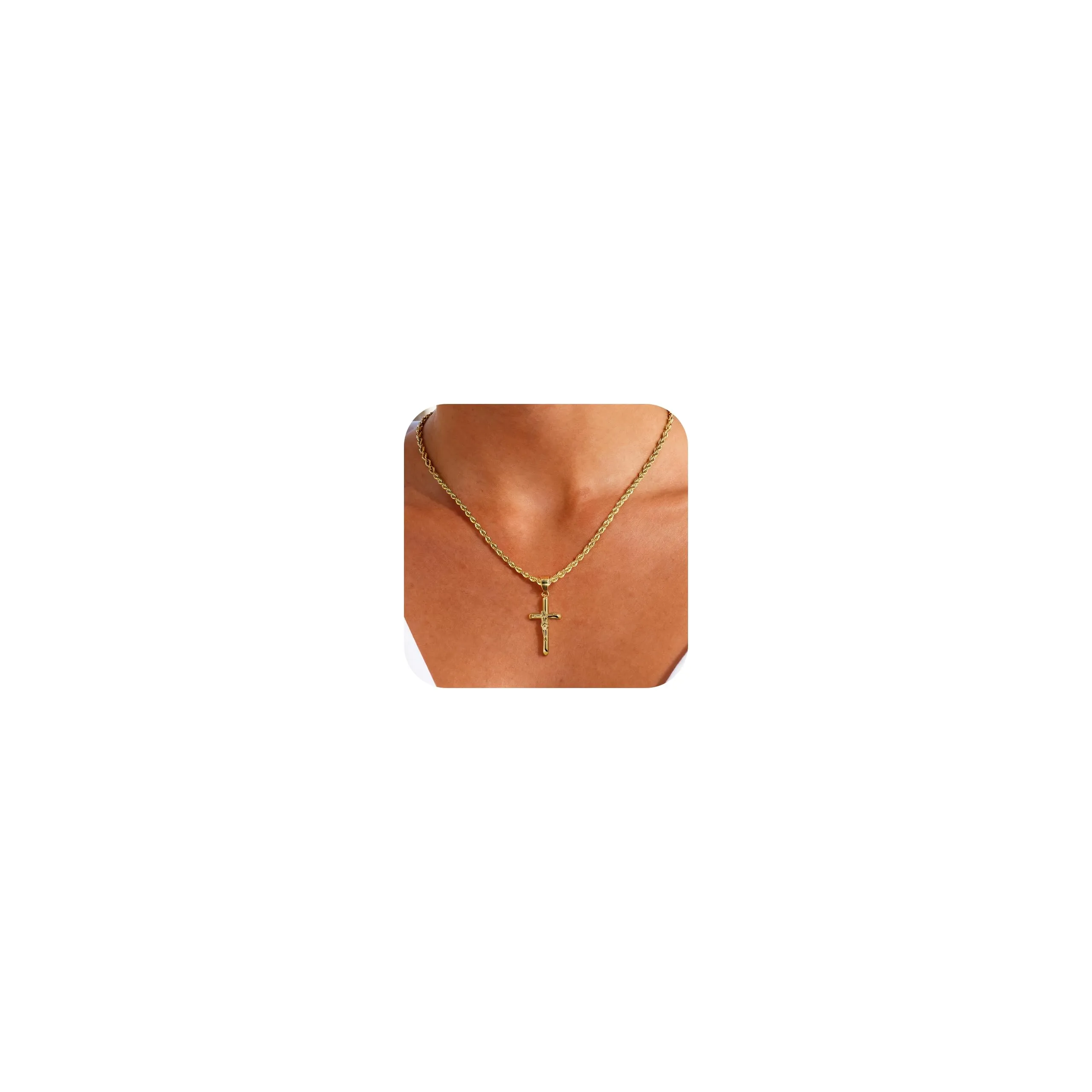 ALEXCRAFT Collana Uomo in Acciaio Placcato Oro 14k con Ciondolo Croce Crocifisso, Catena a Treccia, 50+5cm - immagine 2
