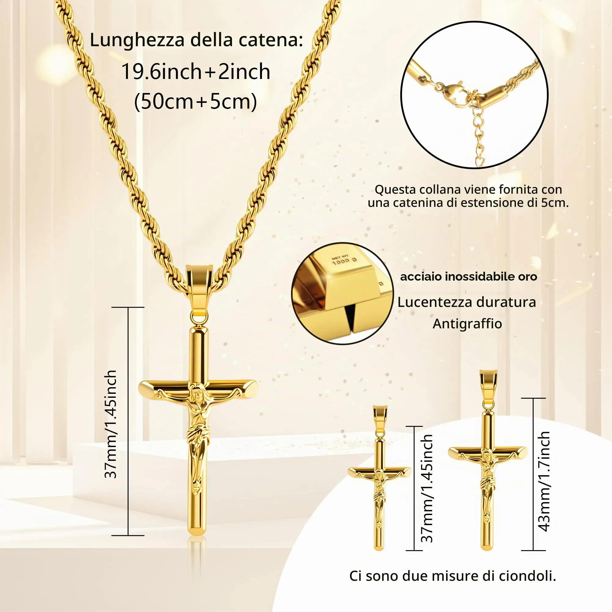 ALEXCRAFT Collana Uomo in Acciaio Placcato Oro 14k con Ciondolo Croce Crocifisso, Catena a Treccia, 50+5cm - immagine 7