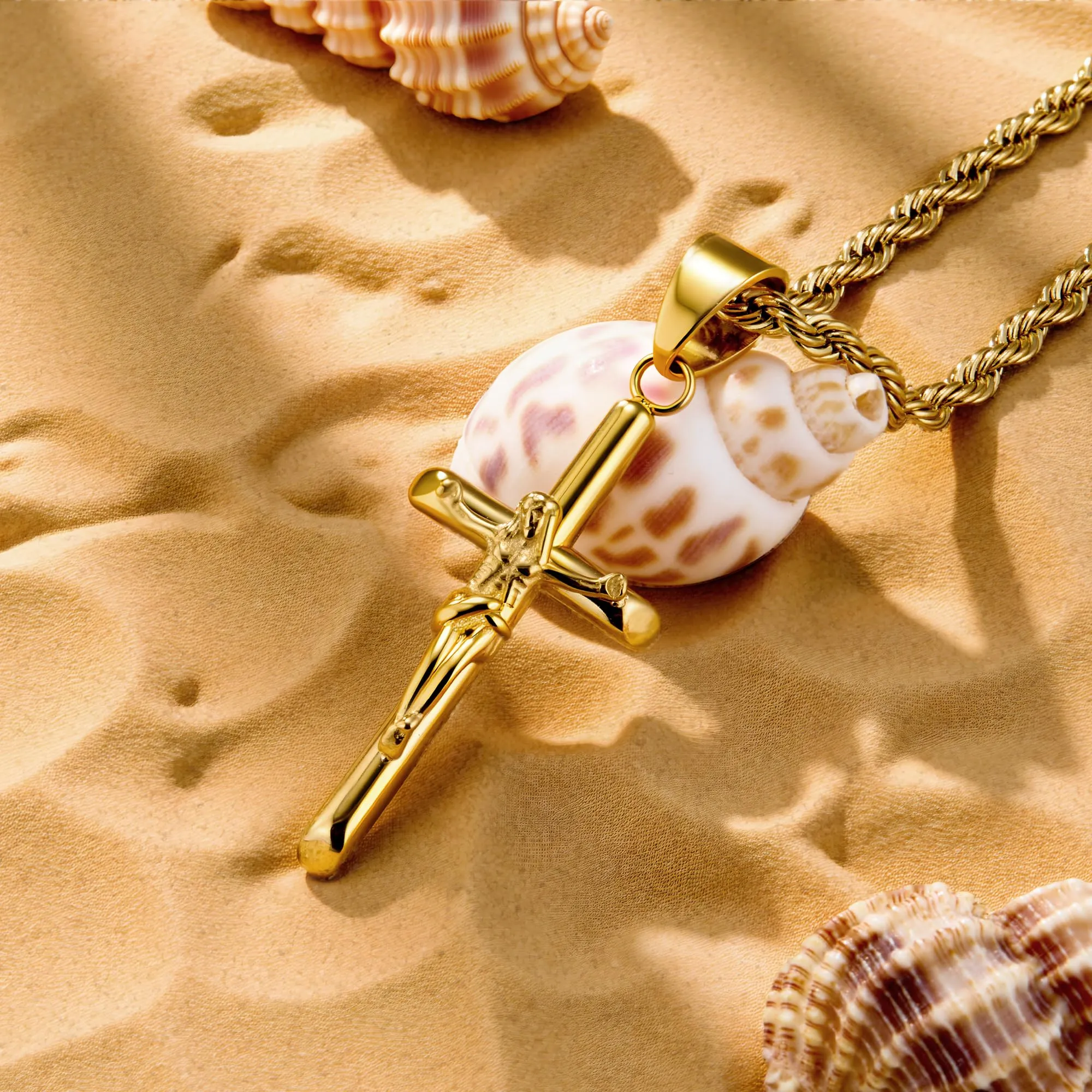 ALEXCRAFT Collana Uomo in Acciaio Placcato Oro 14k con Ciondolo Croce Crocifisso, Catena a Treccia, 50+5cm - immagine 8