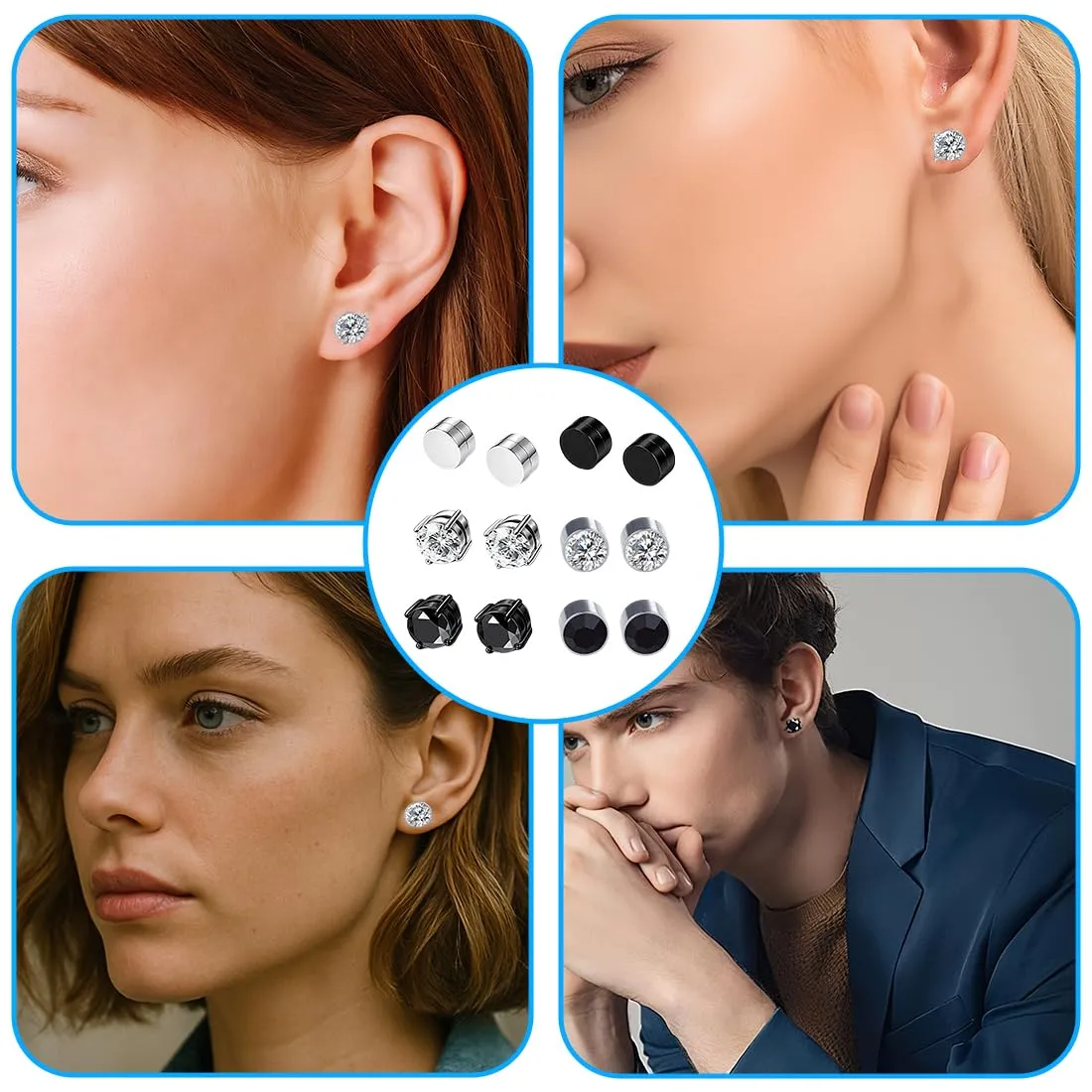 LuLiyLdJ 6 Paia di Orecchini Magnetici Senza Buco, 6mm, Acciaio Inossidabile con Zirconia Cubica, Nero - immagine 6