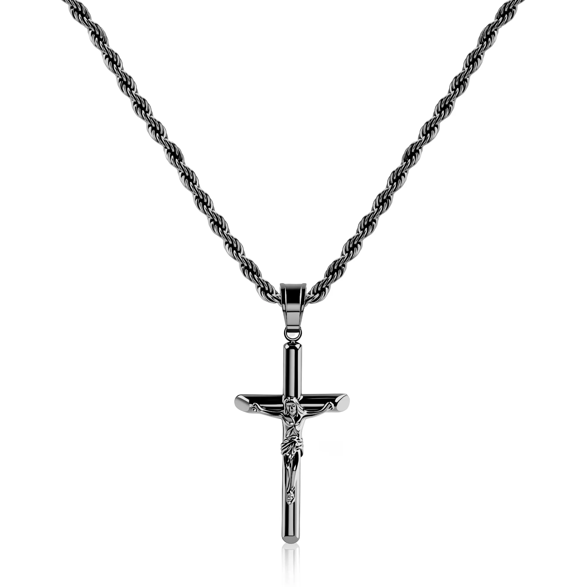 ALEXCRAFT Collana Uomo Catena a Treccia con Ciondolo Croce Crocifisso Nera N2039 - immagine 1