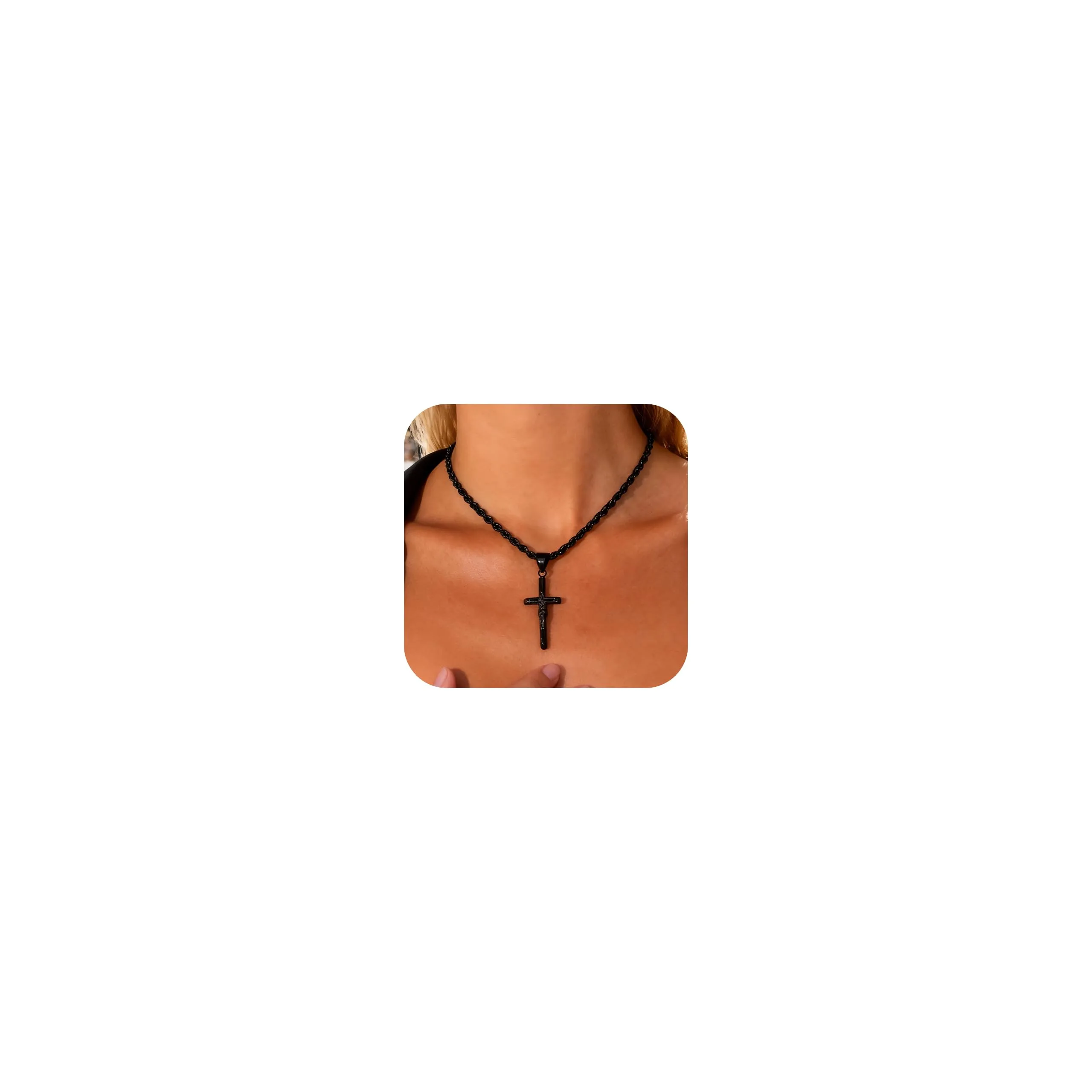 ALEXCRAFT Collana Uomo Catena a Treccia con Ciondolo Croce Crocifisso Nera N2039 - immagine 2