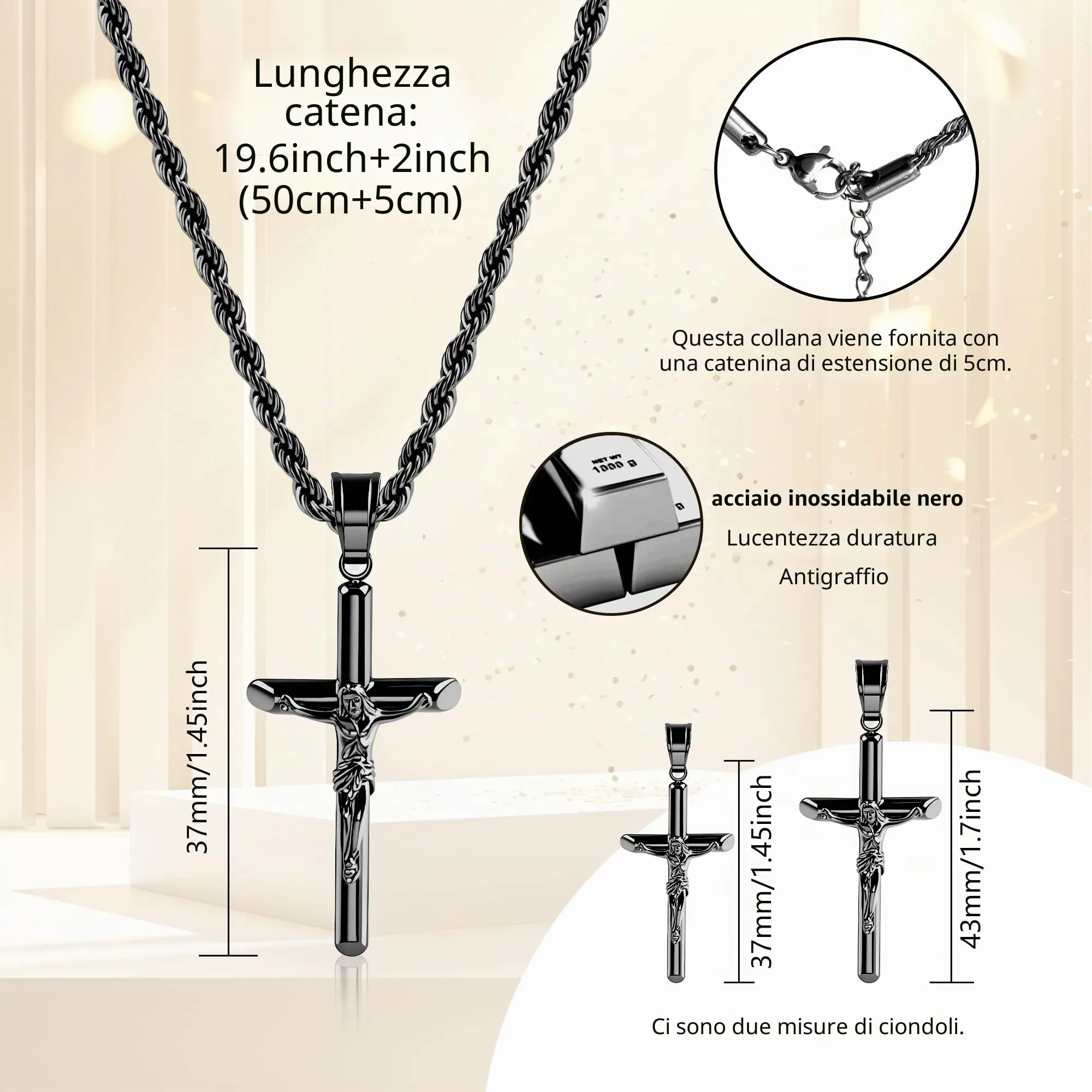 ALEXCRAFT Collana Uomo Catena a Treccia con Ciondolo Croce Crocifisso Nera N2039 - immagine 7