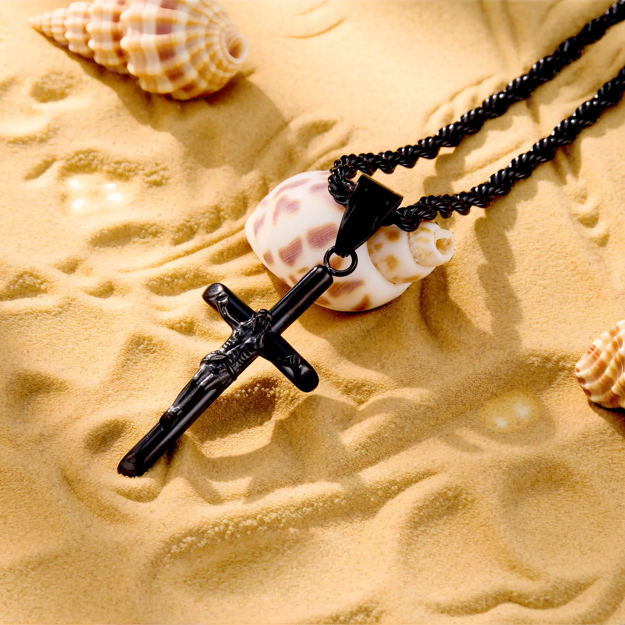 ALEXCRAFT Collana Uomo Catena a Treccia con Ciondolo Croce Crocifisso Nera N2039 - immagine 8
