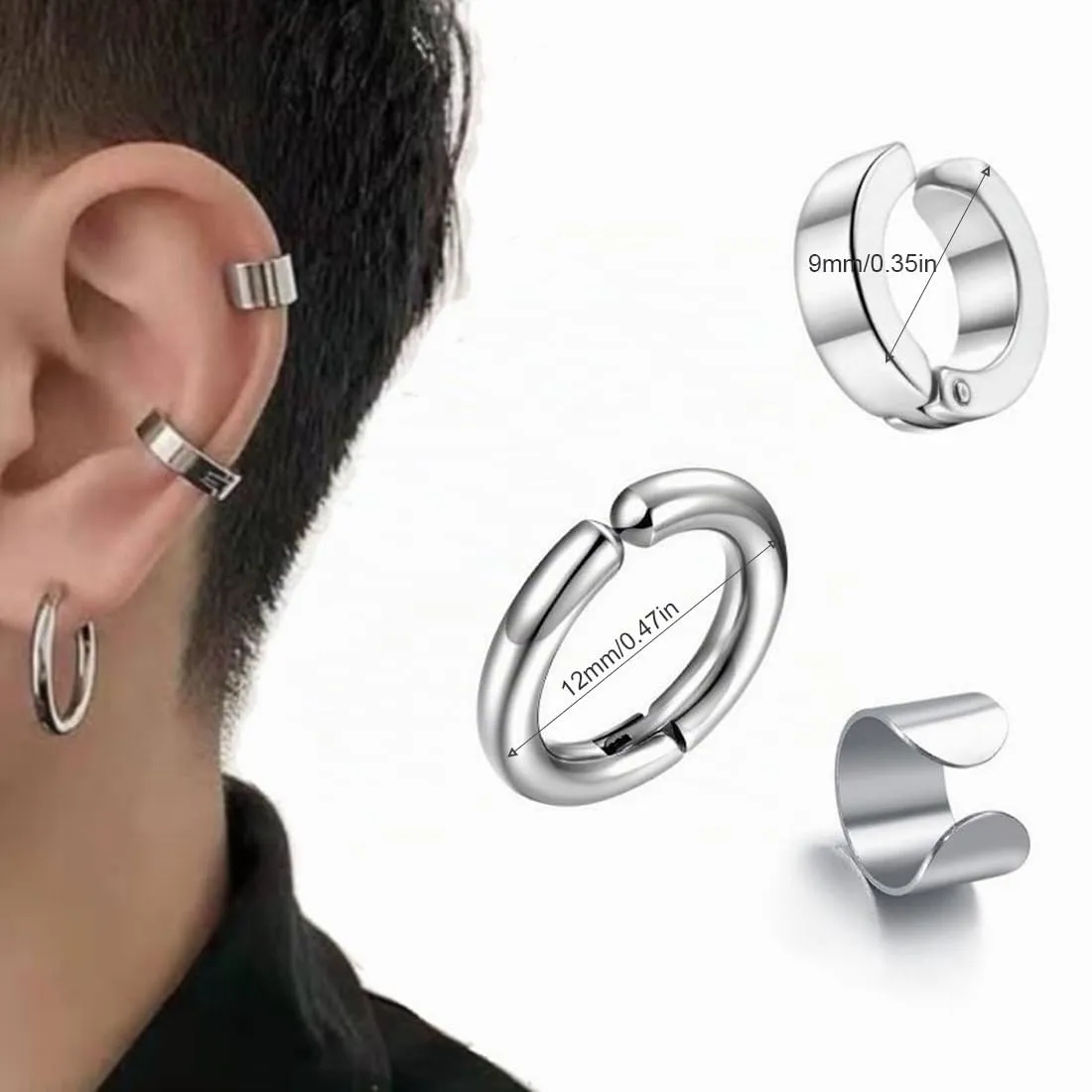 NHPY Orecchini Clip Senza Buco in Acciaio Inossidabile, Cerchi Tondi, Argento e Nero, 12 Pezzi - immagine 2
