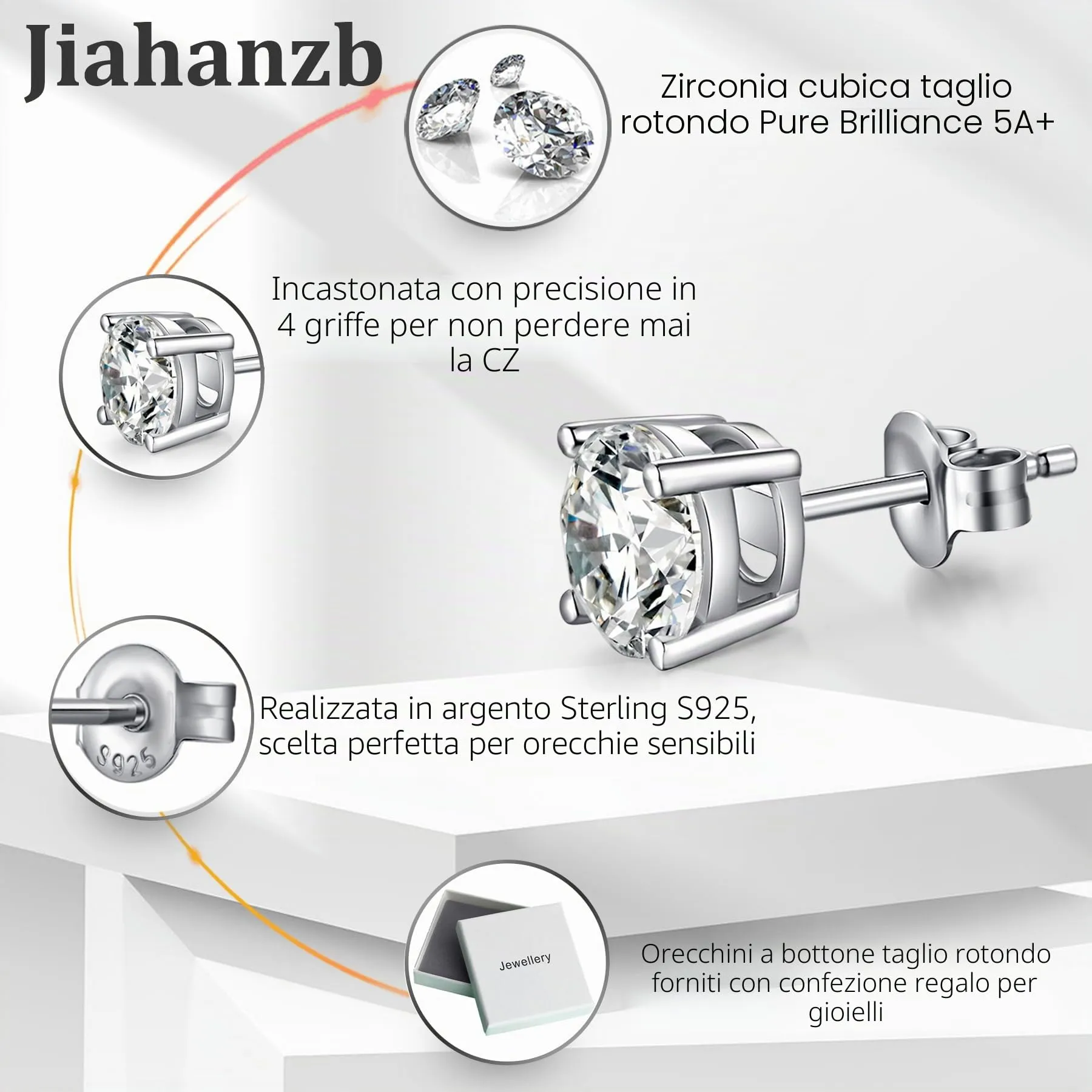 Jiahanzb Orecchini a Bottone in Argento 925 con Zirconi 7mm - immagine 4