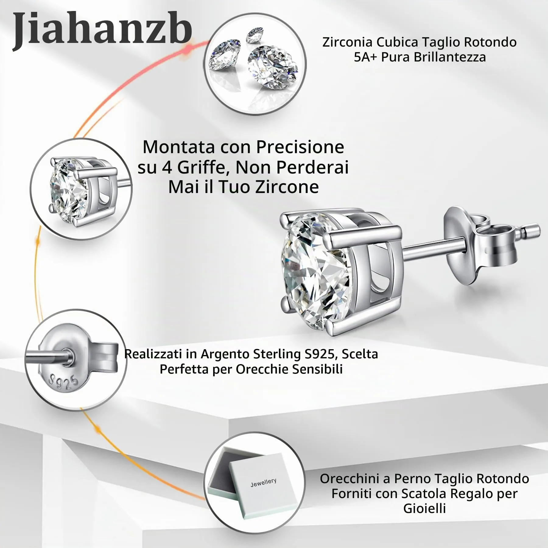 Jiahanzb Orecchini in Argento 925 con Zirconi 6mm - immagine 7