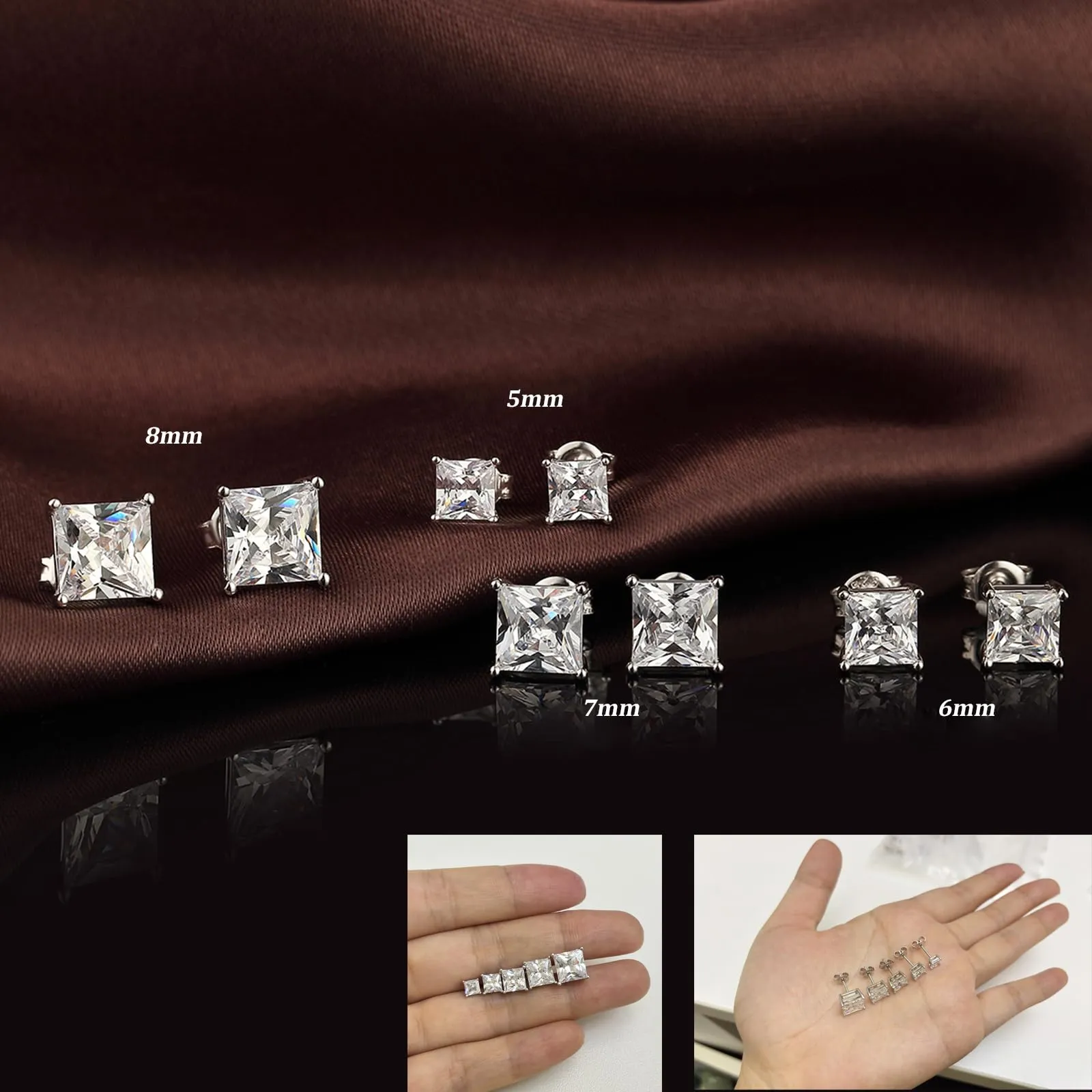 Jiahanzb Orecchini a Bottone in Argento 925 con Zirconi Quadrati Taglio Principessa 6mm - immagine 8