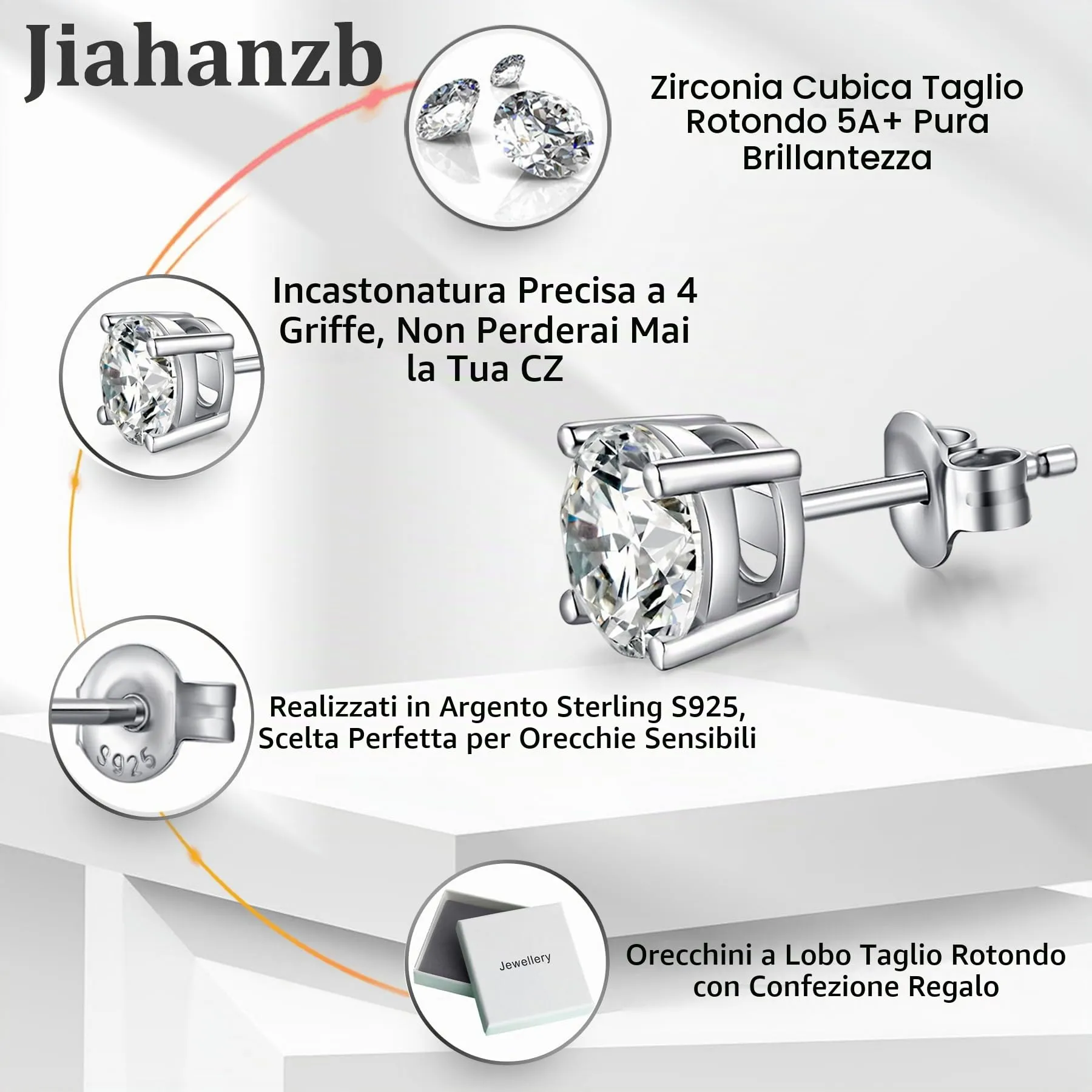 Jiahanzb Orecchini a Bottone in Argento 925 con Zirconi 8mm - immagine 4