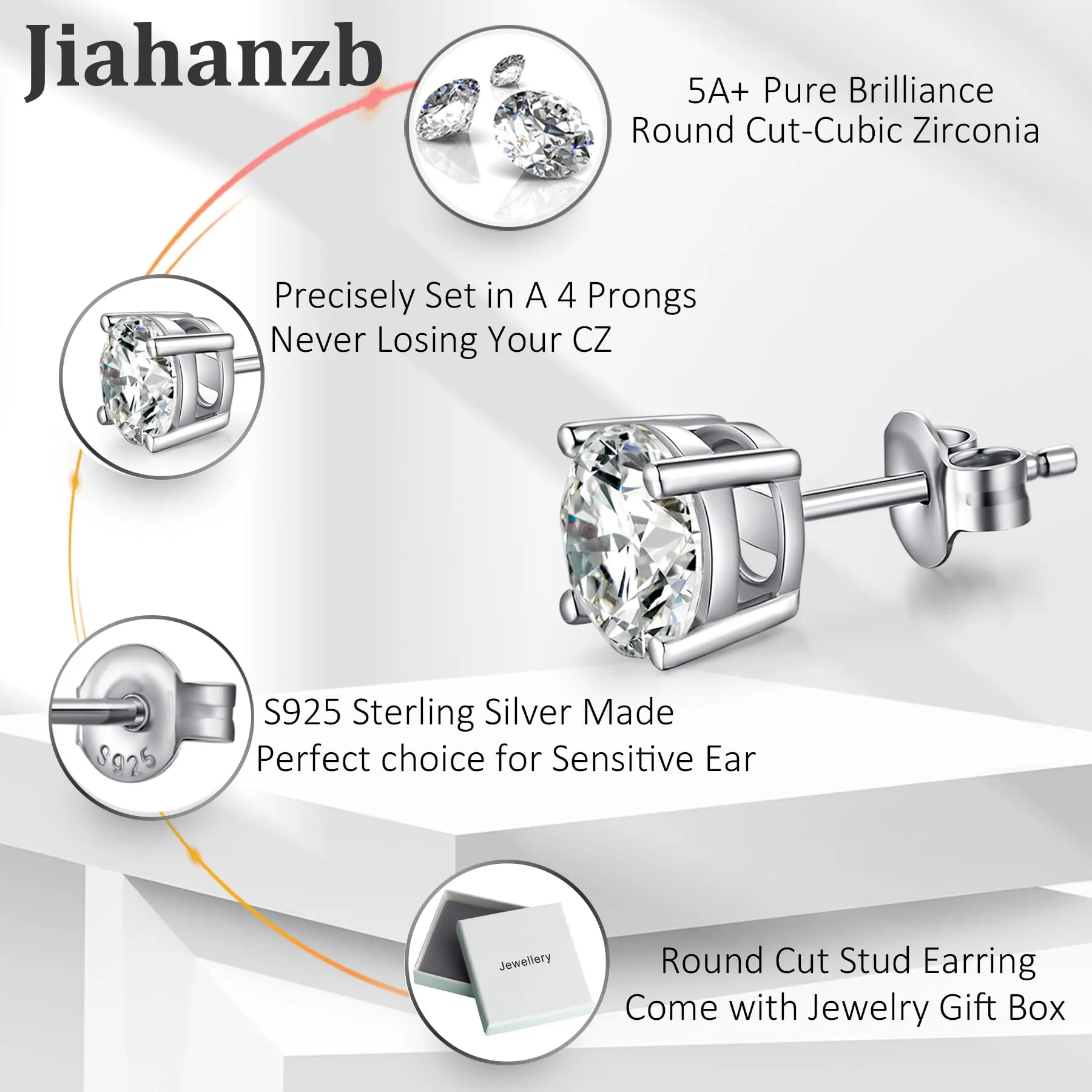 Jiahanzb Orecchini a Bottone in Argento 925 e Zircone 4mm - immagine 4
