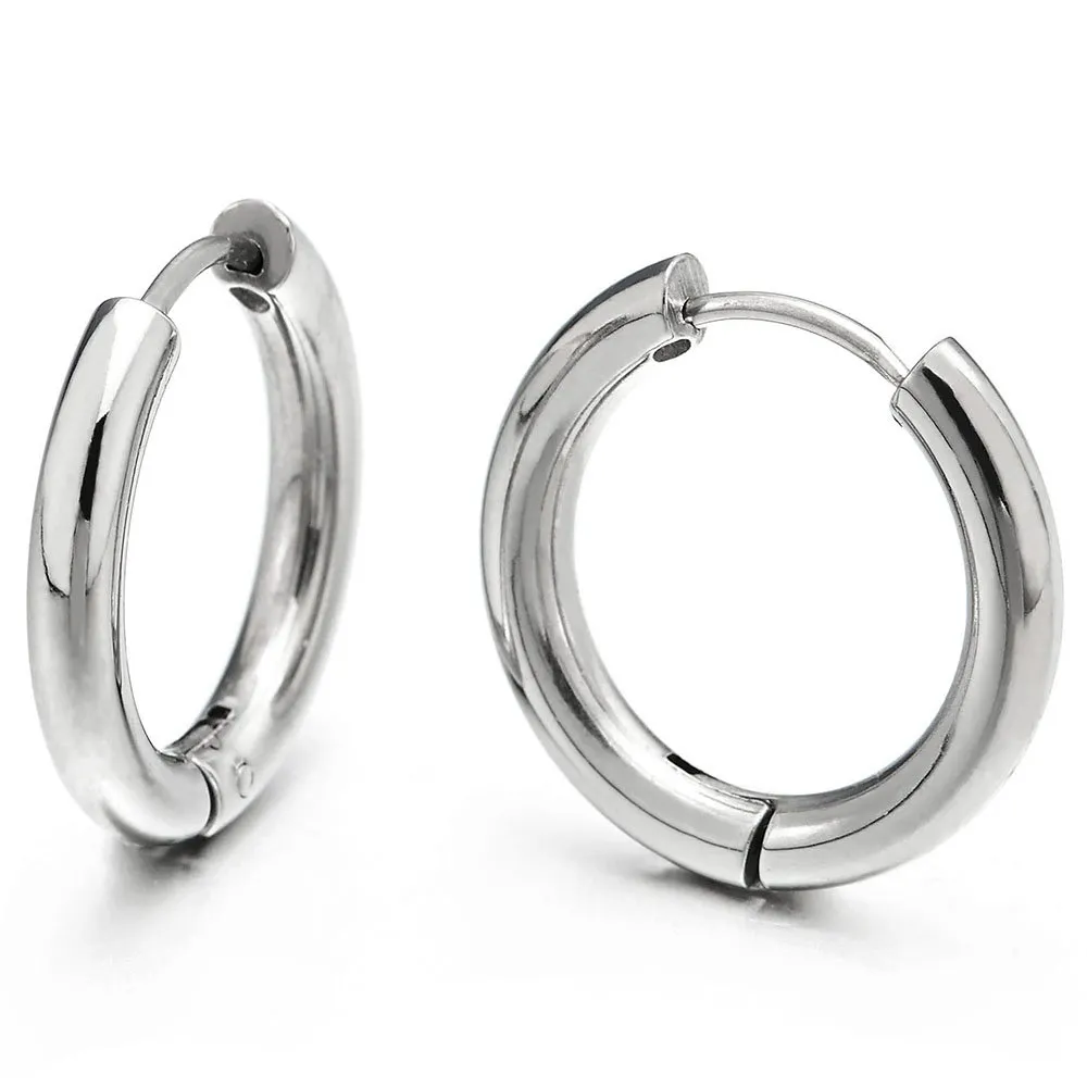 COOLSTEELANDBEYOND Orecchini a Cerchio Huggie in Acciaio Inossidabile per Uomo e Donna, Argento, 12mm - immagine 1