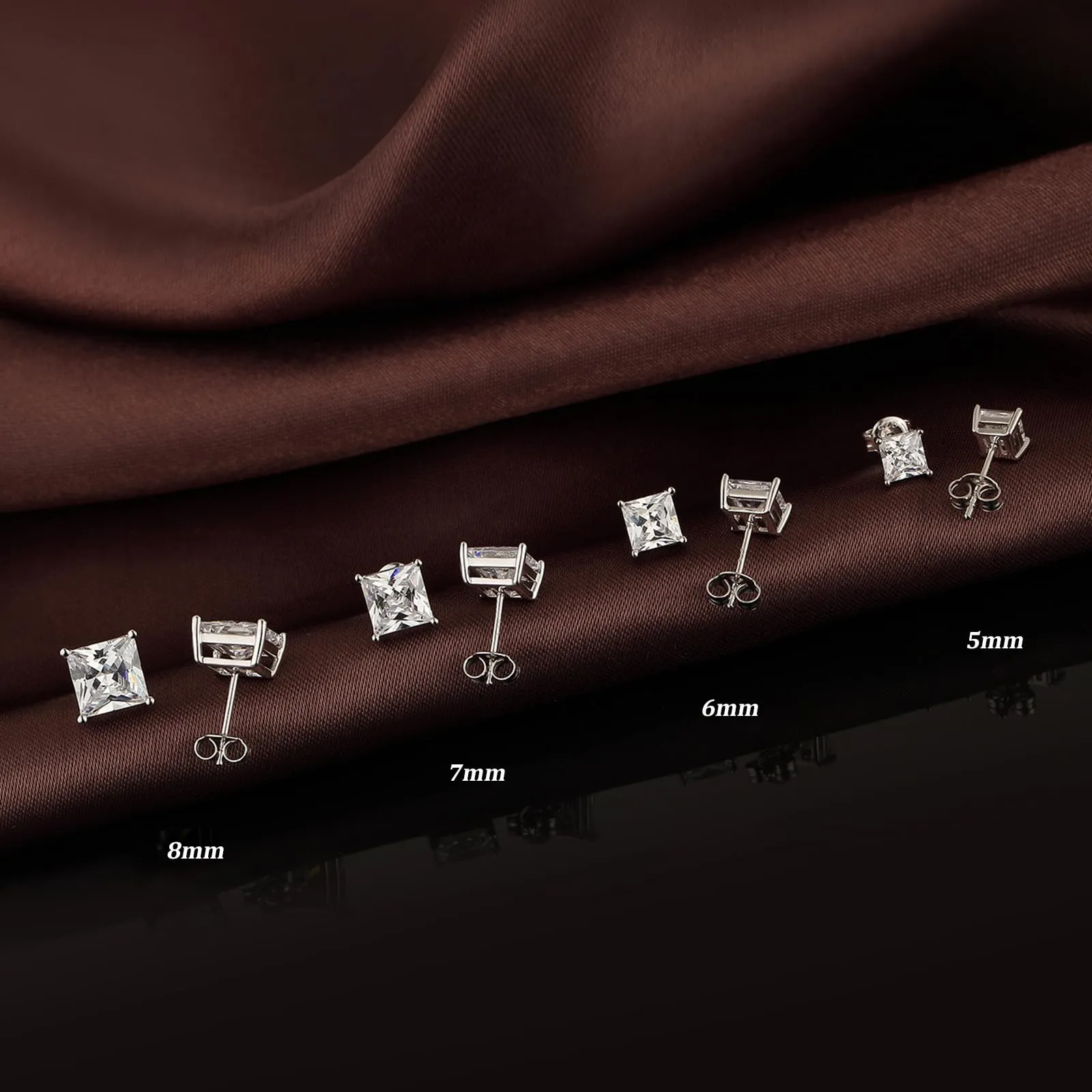 Jiahanzb Orecchini a Bottone in Argento 925 con Zirconi Quadrati Taglio Principessa 7mm - immagine 4