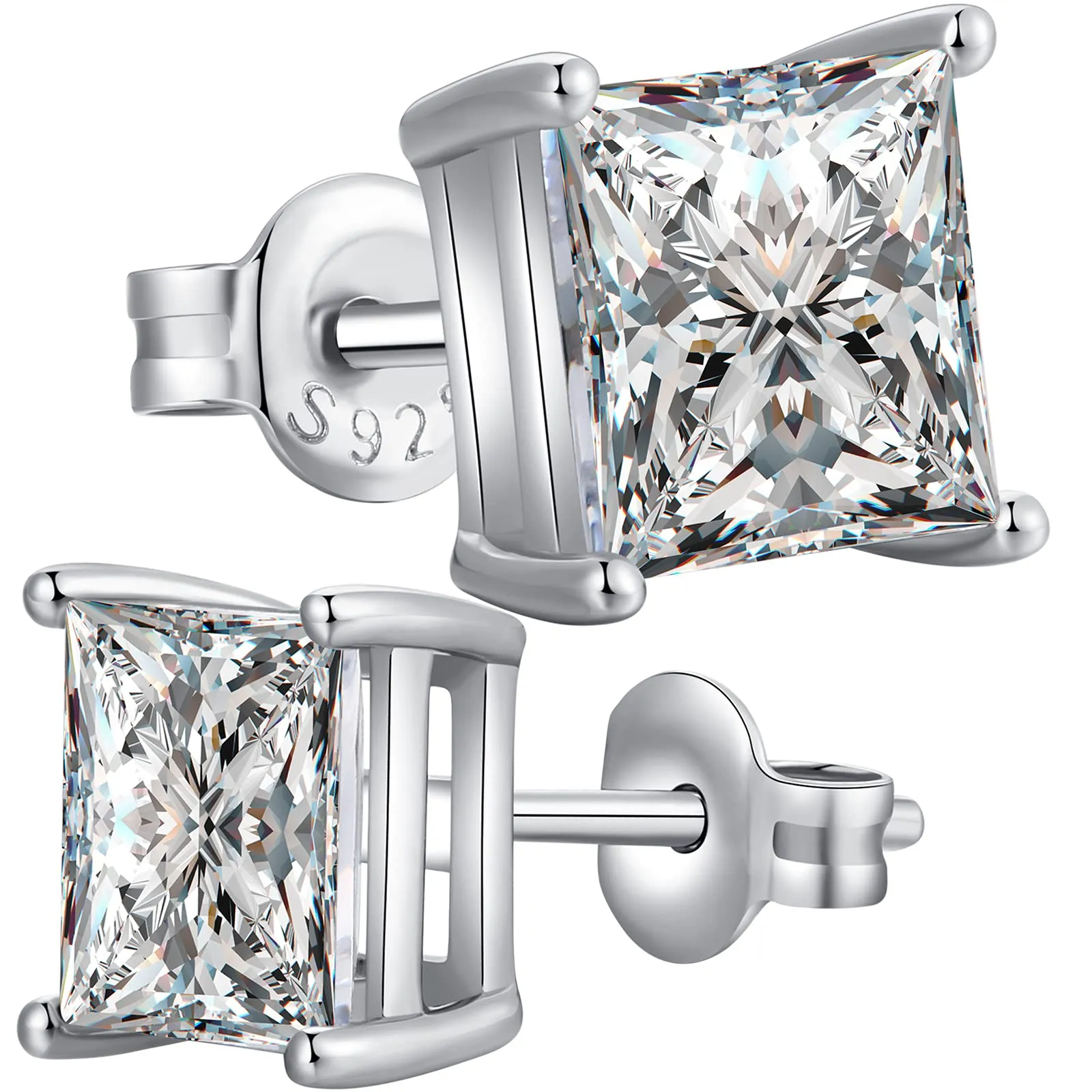 Jiahanzb Orecchini a Bottone in Argento 925 con Zirconi Quadrati taglio Principessa 8mm - immagine 1