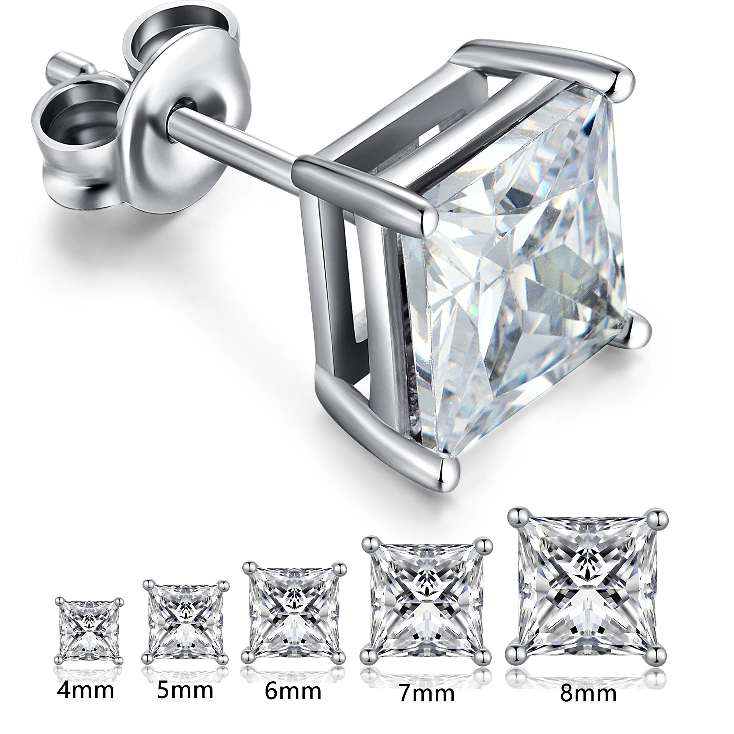 Jiahanzb Orecchini a Bottone in Argento 925 con Zirconi Quadrati taglio Principessa 8mm - immagine 7
