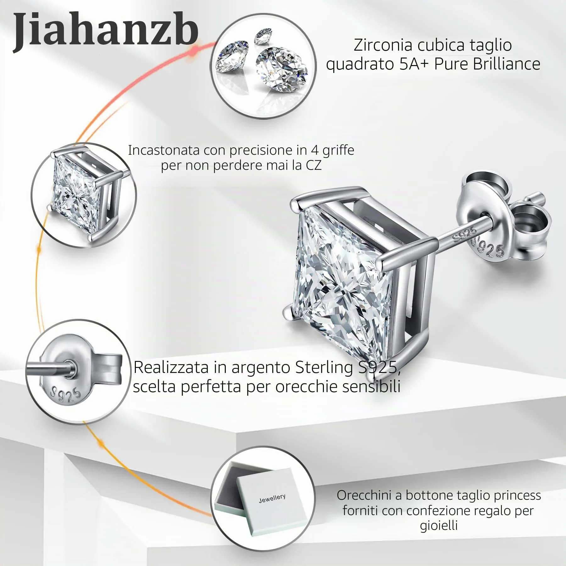 Jiahanzb Orecchini a Bottone in Argento 925 con Zirconi Quadrati Taglio Principessa 4mm - immagine 6