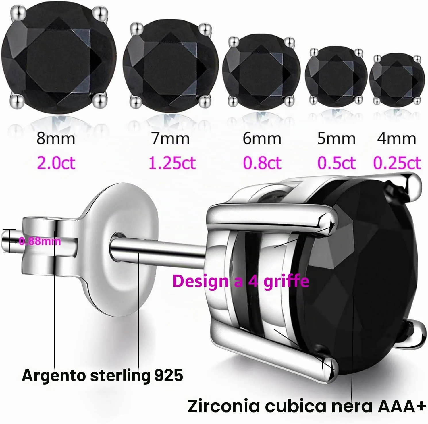 Jiahanzb Orecchini in Argento Sterling 925 con Zirconia Cubica Nera 8mm - immagine 7
