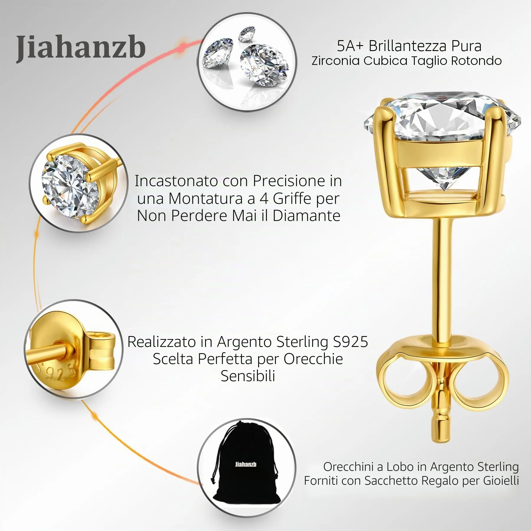 Jiahanzb Orecchini in Argento Sterling 925 Placcati Oro con Zirconi 6mm - immagine 6