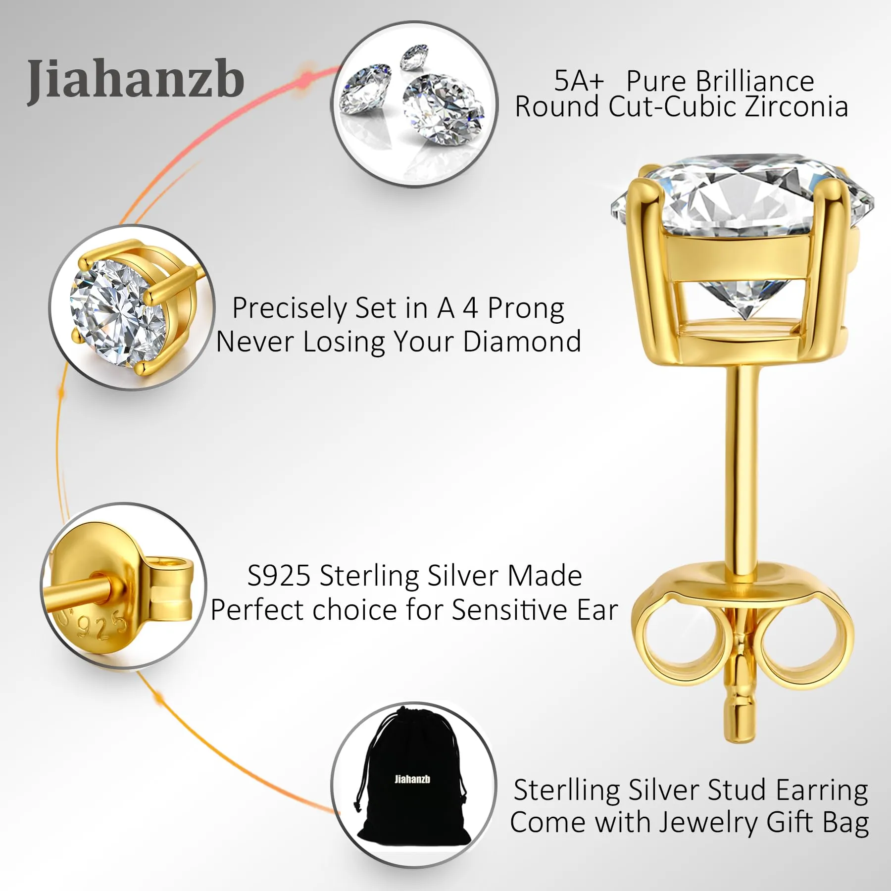 Jiahanzb Orecchini a Bottone in Argento Sterling 925 con Zirconi 5mm Oro - immagine 6