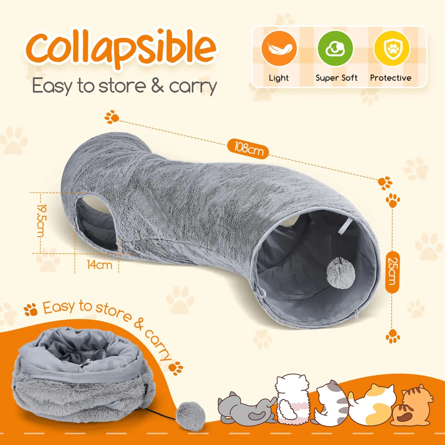 Nobleza Tunnel per Gatti in Peluche a Forma di S con 2 Entrate e Palla Appesa, Pieghevole, L108 cm x Ø25 cm - immagine 2