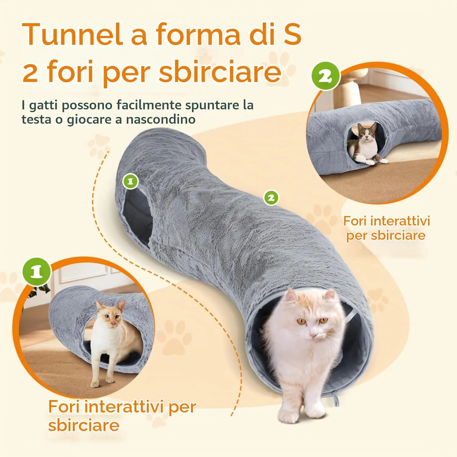 Nobleza Tunnel per Gatti in Peluche a Forma di S con 2 Entrate e Palla Appesa, Pieghevole, L108 cm x Ø25 cm - immagine 3