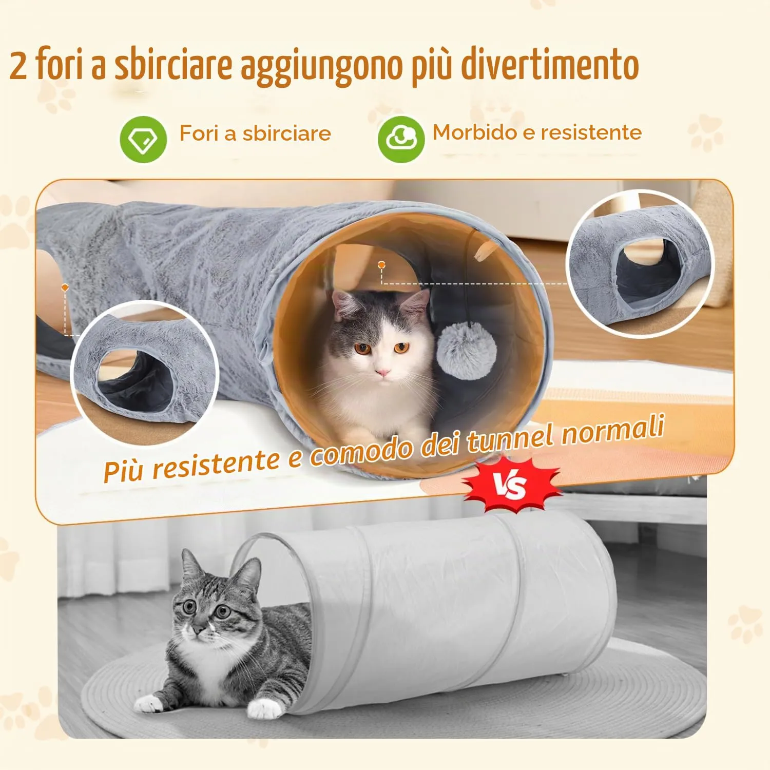 Nobleza Tunnel per Gatti in Peluche a Forma di S con 2 Entrate e Palla Appesa, Pieghevole, L108 cm x Ø25 cm - immagine 6