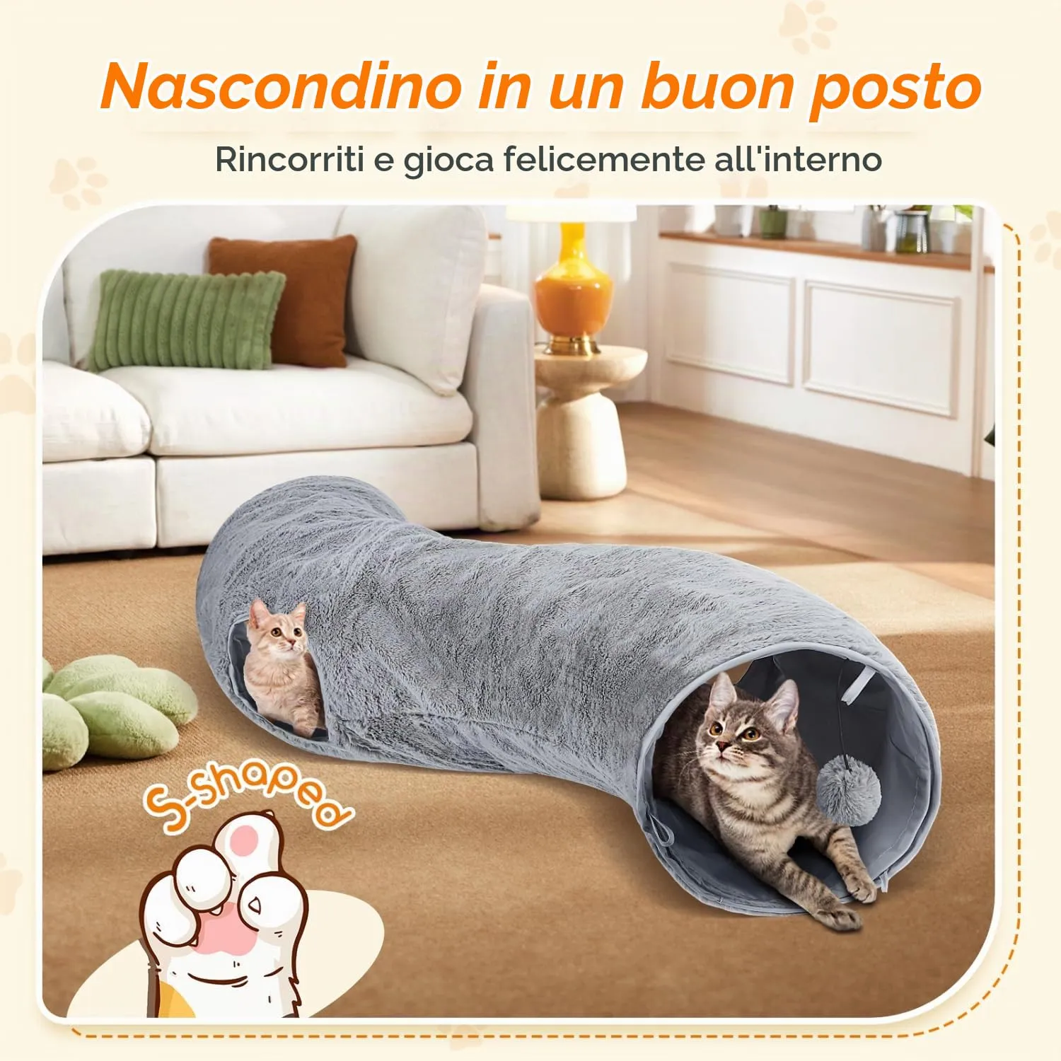 Nobleza Tunnel per Gatti in Peluche a Forma di S con 2 Entrate e Palla Appesa, Pieghevole, L108 cm x Ø25 cm - immagine 7