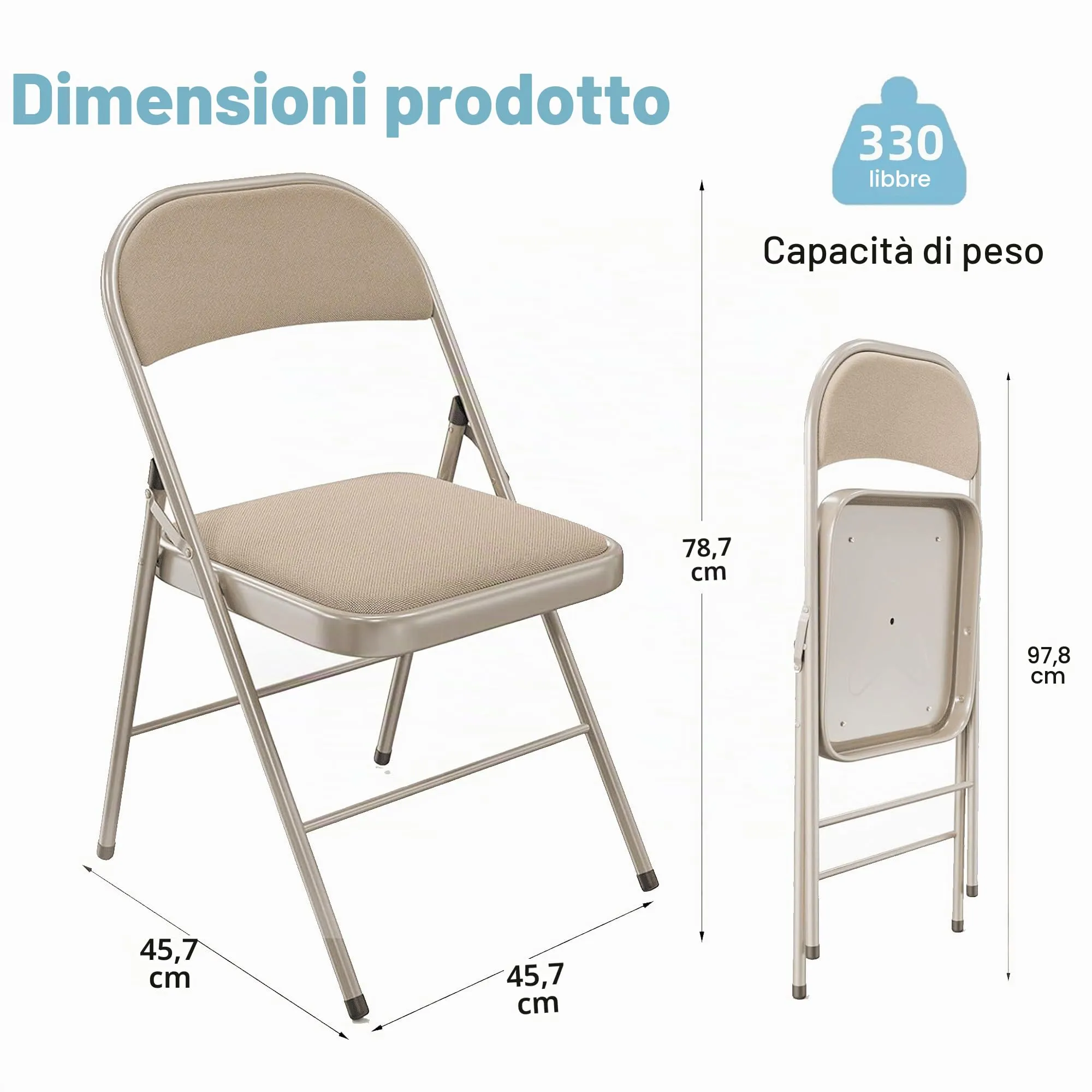 Asdsed Set di 2 Sedie Pieghevoli Imbottite, Portata 160 kg, Cachi - immagine 8