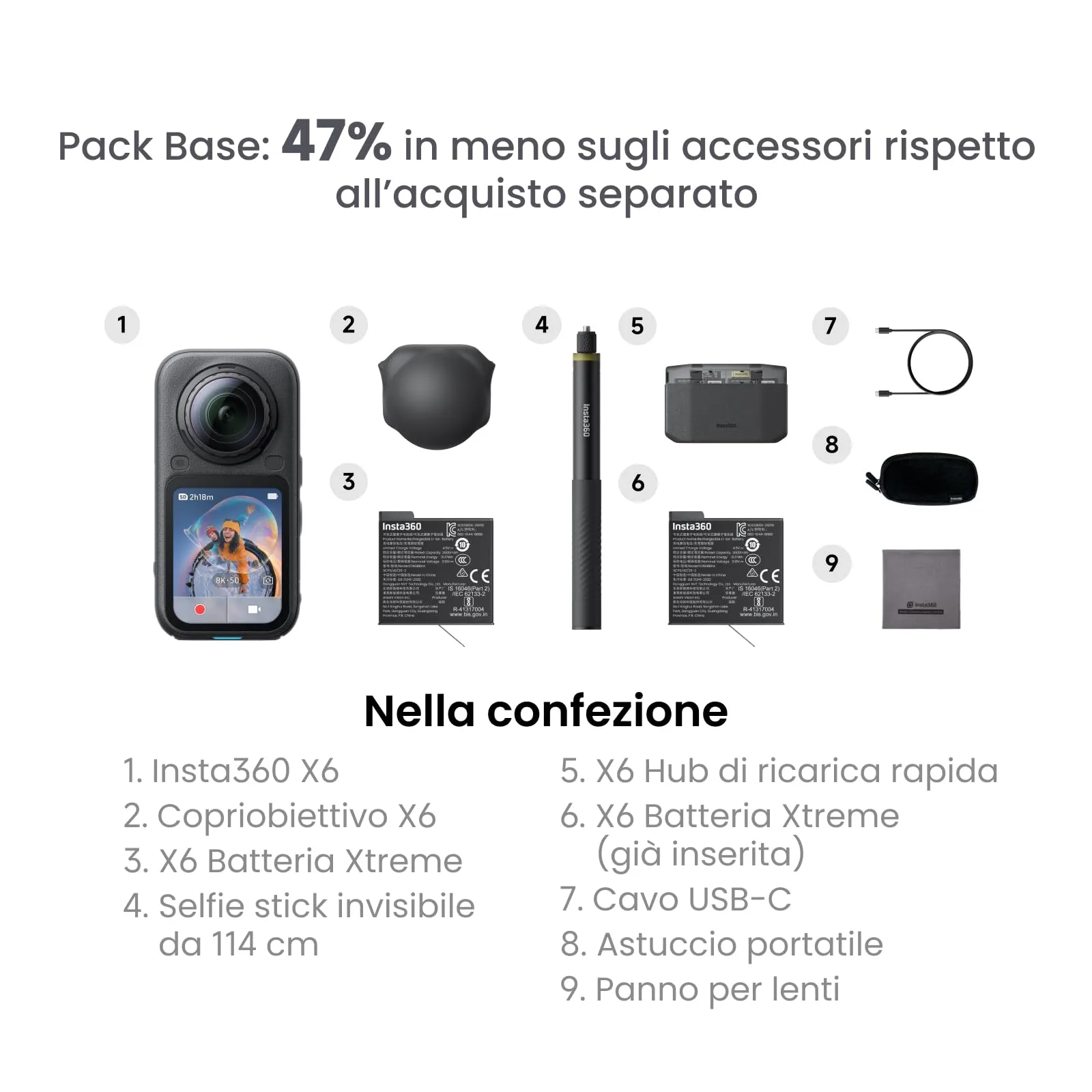 Insta360 X6 Action Cam 360 8K with 1/1.1" Sensors, White - immagine 2