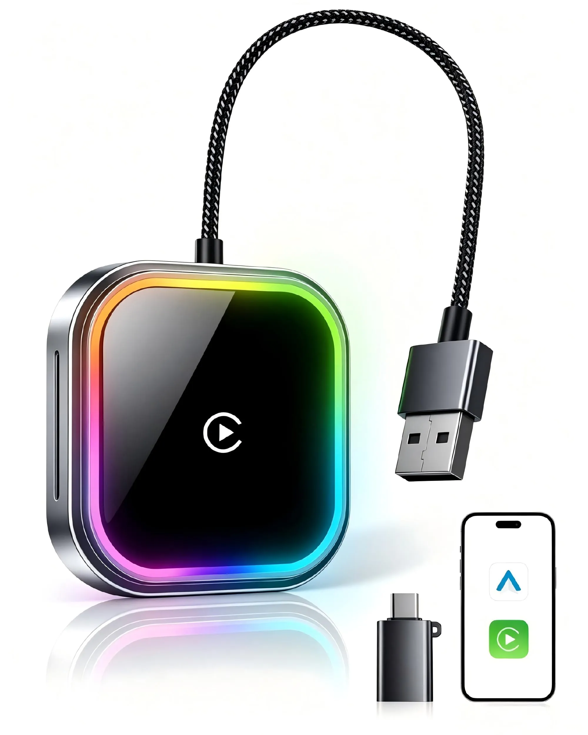 WityEye Adattatore CarPlay e Android Auto Wireless con Luce, USB C/A, per iPhone iOS 10+ e Android 11+ - immagine 1