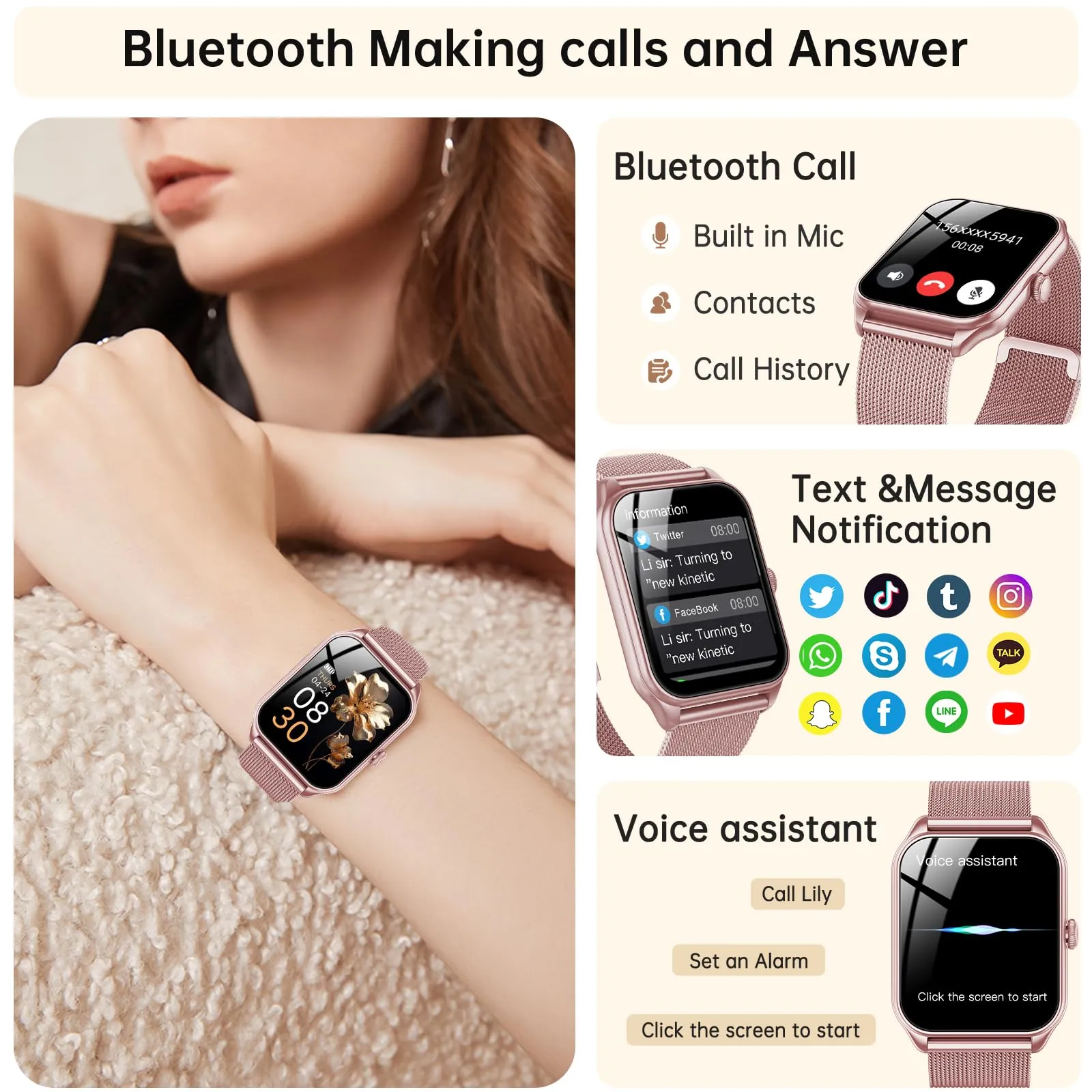 Taopodo Smartwatch Donna, 1,83" HD, Chiamate Bluetooth, 120+ Modalità Sport, Monitoraggio Salute, IP68, Fitness Tracker, Rosa pink - immagine 2
