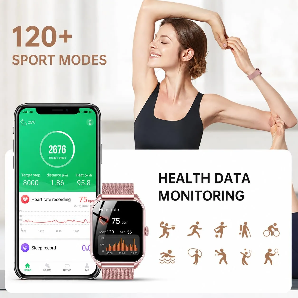 Taopodo Smartwatch Donna, 1,83" HD, Chiamate Bluetooth, 120+ Modalità Sport, Monitoraggio Salute, IP68, Fitness Tracker, Rosa pink - immagine 3