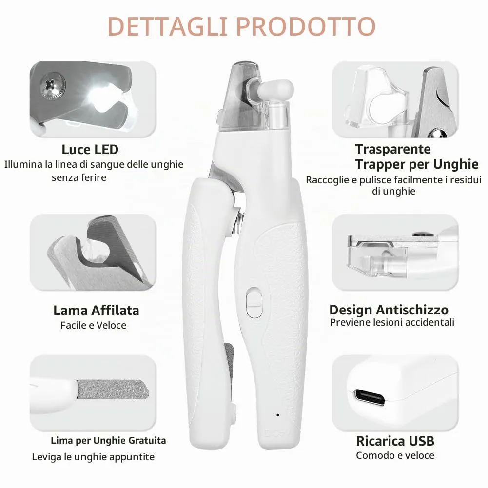 HOTUT Tagliaunghie per Cani e Gatti con Luce LED, Ricaricabile, Acciaio Inossidabile con Protezione di Sicurezza e Lima (Bianco) - immagine 4