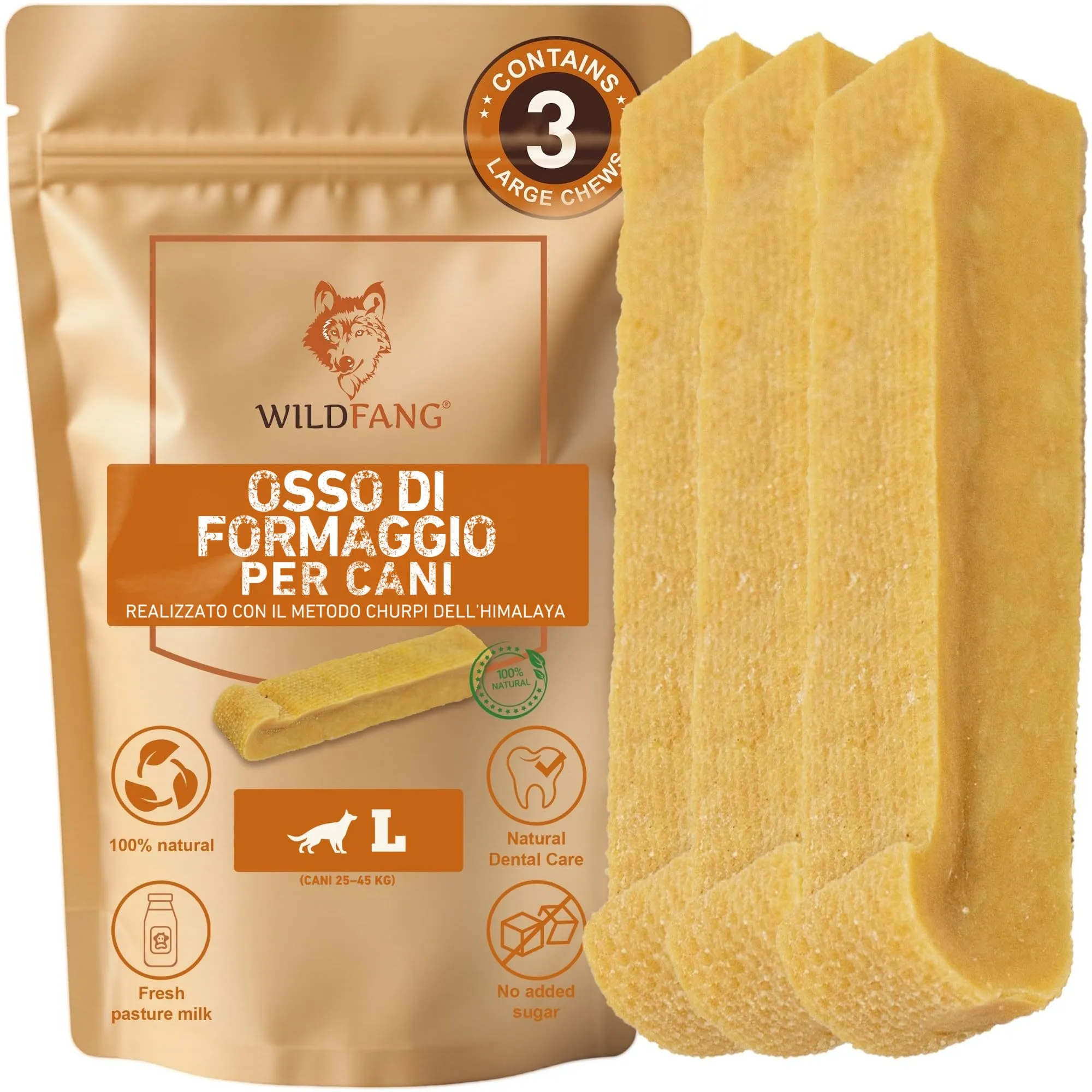 Wildfang Masticativi di Formaggio di Latte di Yak per Cani, Taglia L, Set da 3 pezzi - immagine 1