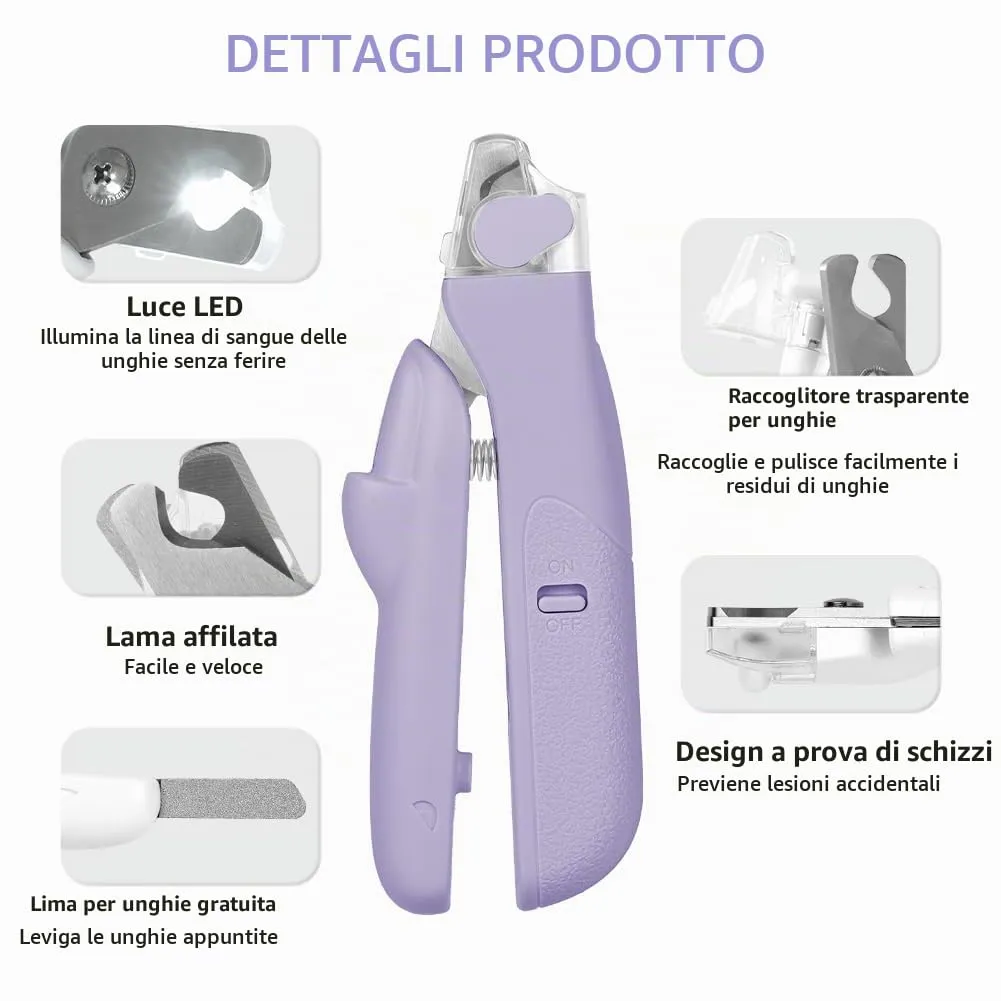 HOTUT Tagliaunghie per Cani e Gatti con Luce LED, Acciaio Inossidabile, Protezione di Sicurezza e Lima (Viola) - immagine 3